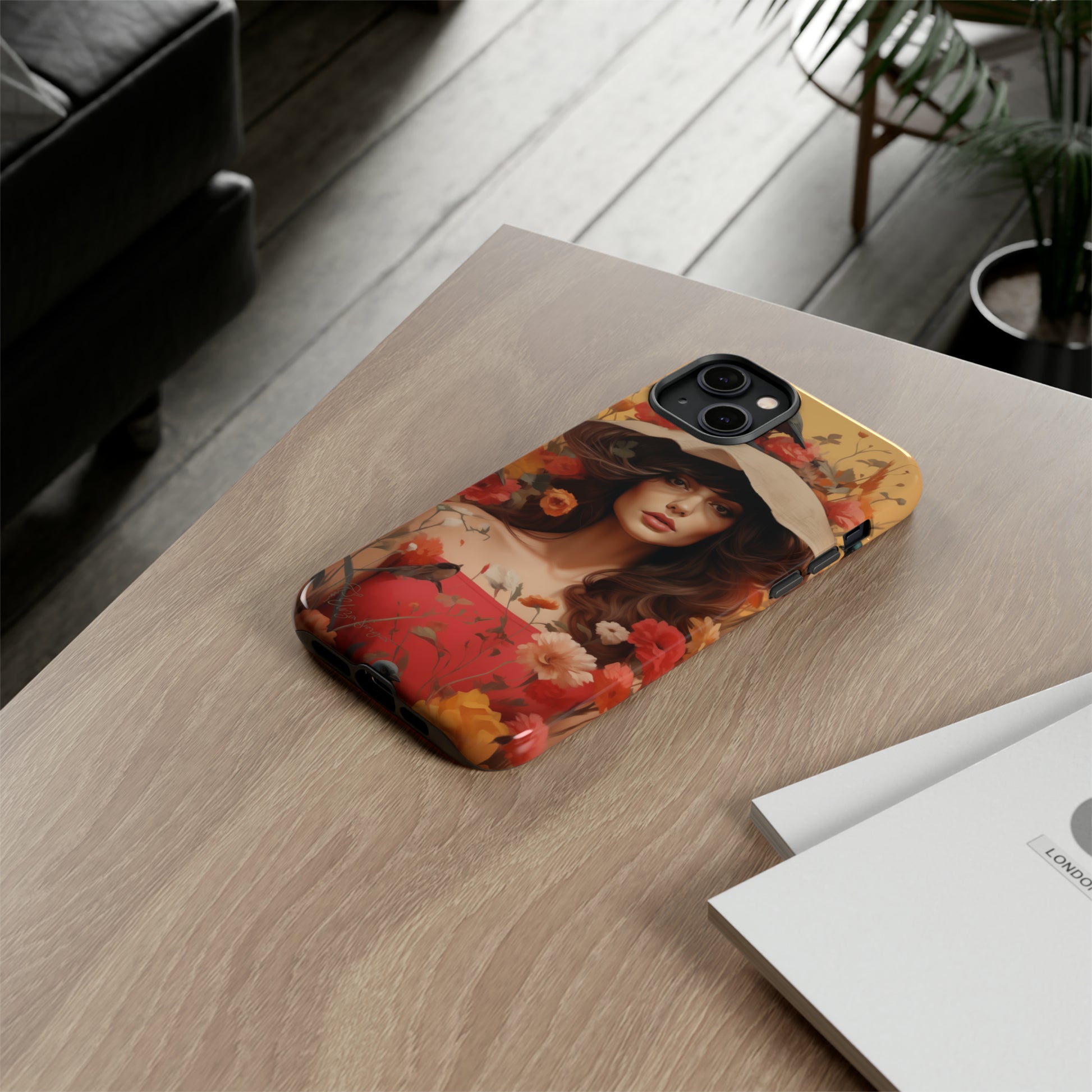 Bask in Sunshine: Embrace the warmth with our Tough Cell Phone Case. A yellow backdrop and a woman in a hat surrounded by flowers create a radiant design. Experience the perfect blend of style and protection, bringing sunshine into your everyday. Elevate your phone with a burst of brightness. #ElizaSinger #PhoneCase #SunshineRadiance