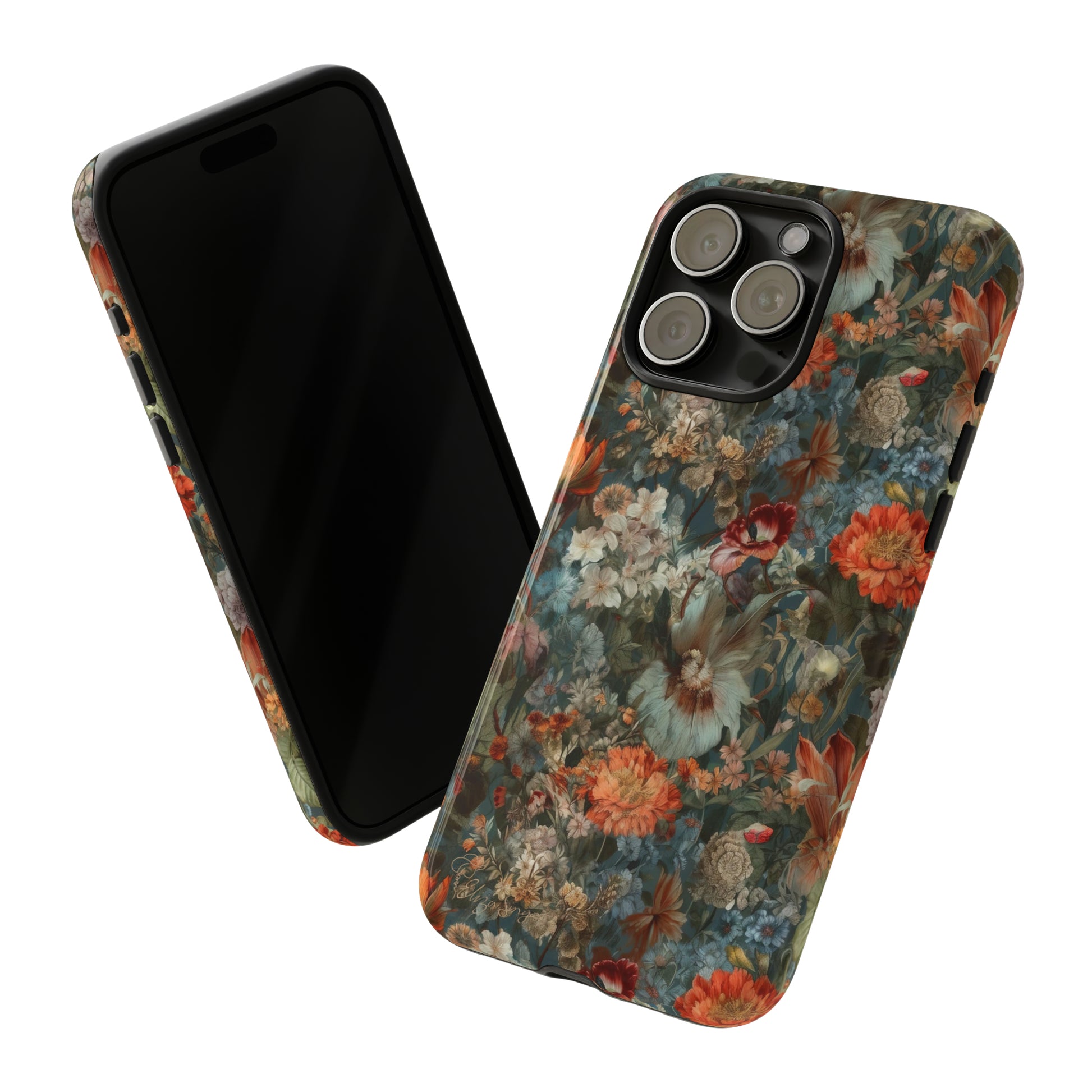 Blooms in Shadows: Botany Floral Dark Flowers iPhone Tough Protective Cover. A captivating blend of Flowers in muted colors, compatible with iPhone 15, 14, 13, XS, XR Pro/Max/Mini/P/Plus. Unleash Nature's Elegance with Durability and Style. #ElizaSinger #PhoneCase #FloralDesign