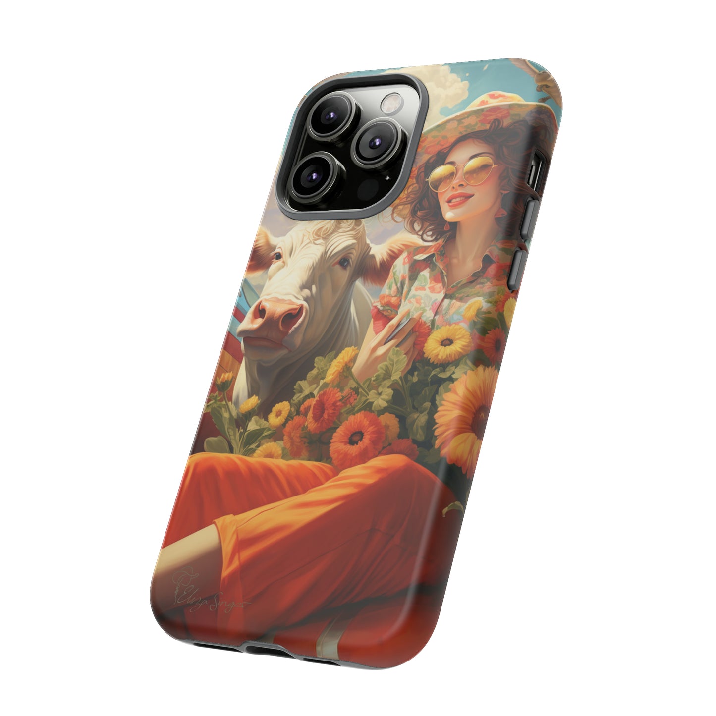 Timeless Retro Charm: Step back in time with our Tough Western Cell Phone Case. Featuring a vintage and bright design, a woman in a hat with daisies is accompanied by a cow looking over her shoulder. Experience the perfect blend of retro aesthetics and durability. Elevate your style with a touch of nostalgia. #ElizaSinger #PhoneCase #RetroStyle 