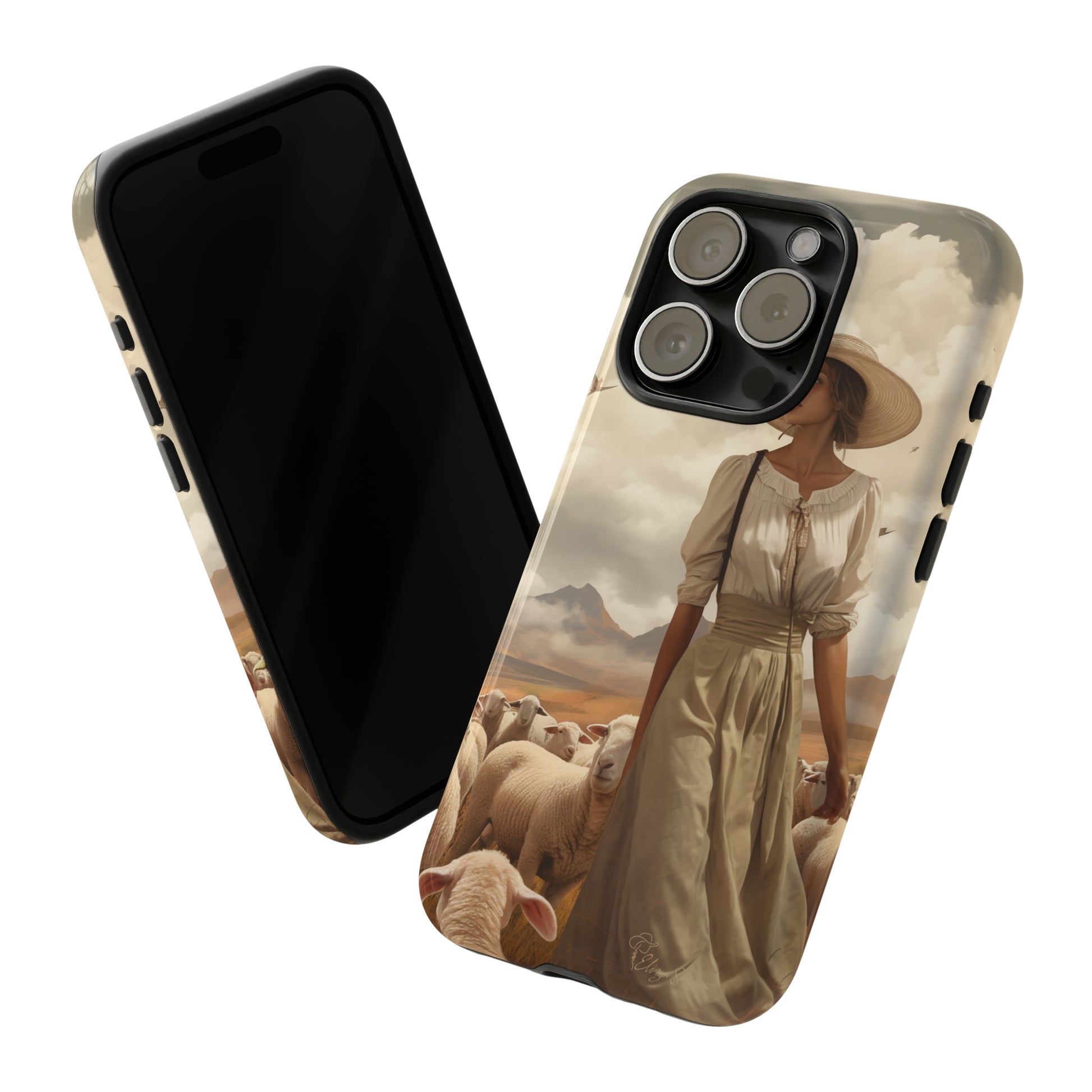 Immerse yourself in a dreamy landscape with our Tough Western Cell Phone Case showcasing a vintage painted design of a woman wearing a hat, walking through a prairie landscape with sheep behind her. Experience the magic of the past with this edition.