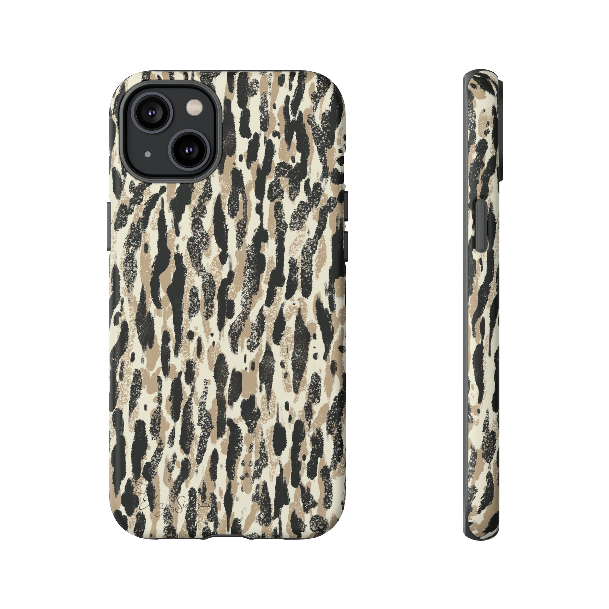 Elevate Your Tech: Abstract Neutral Animal Print iPhone Tough Protective Cover. Leopard-Painted Design in Beige and Black. Compatible with iPhone 15, 14, 13, XS, XR Pro/Max/Mini/P/Plus. Unleash the Wild with Style and Durability. #ElizaSinger #PhoneCase #LeopardPrint 