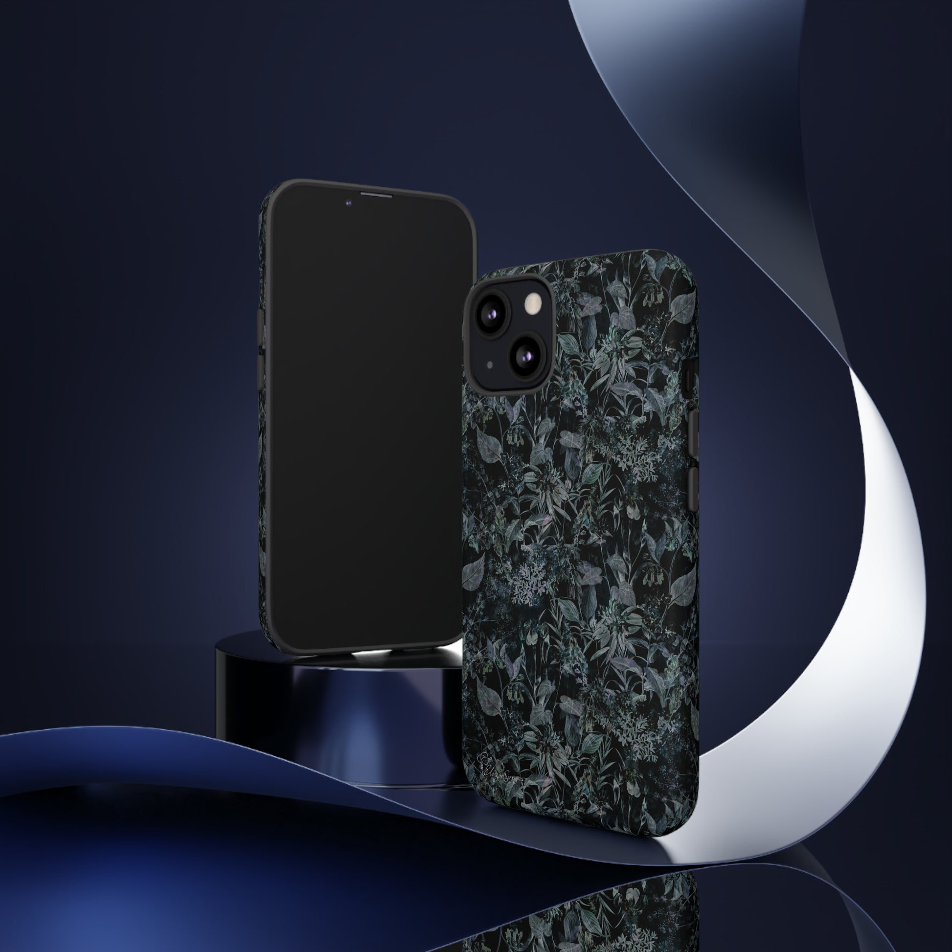 Blossom in Style: Botany Floral Dark Flowers Blue Denim iPhone Tough Protective Cover. This case features a Flower and Muted Grey Design, compatible with iPhone 15, 14, 13, XS, XR Pro/Max/Mini/P/Plus. Unleash Nature's Beauty with Style and Durability. #ElizaSinger #PhoneCase #FloralDesign
