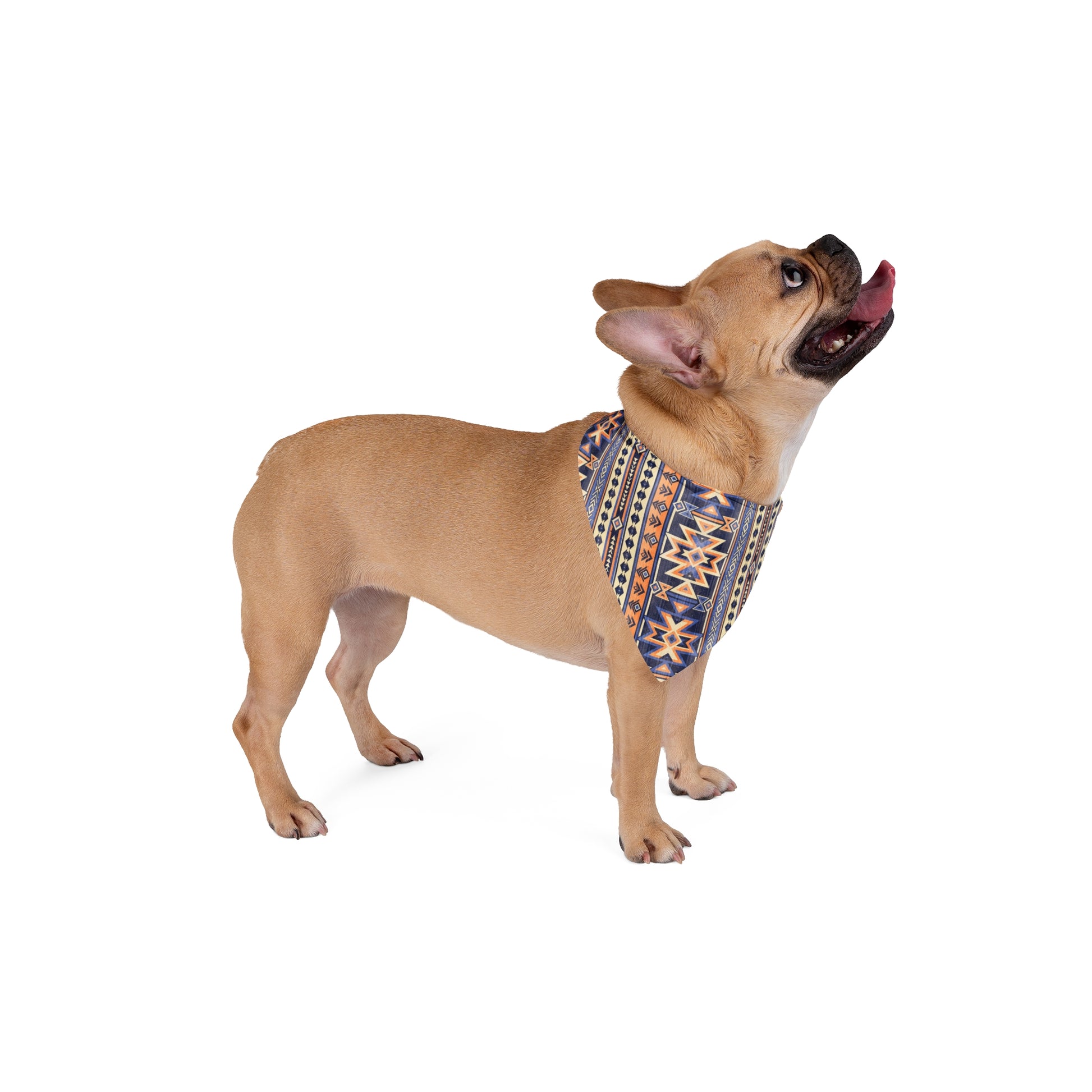 Explore the vast Western horizon with our Western Skyline Dog Bandana/Wild Rag. The navy and light orange Aztec design captures the essence of the West, bringing a touch of adventure to your dog's style. Crafted from soft-spun polyester, this wild rag ensures comfort and style. Make a statement on every outing with this exclusive design, available only at Eliza Singer.