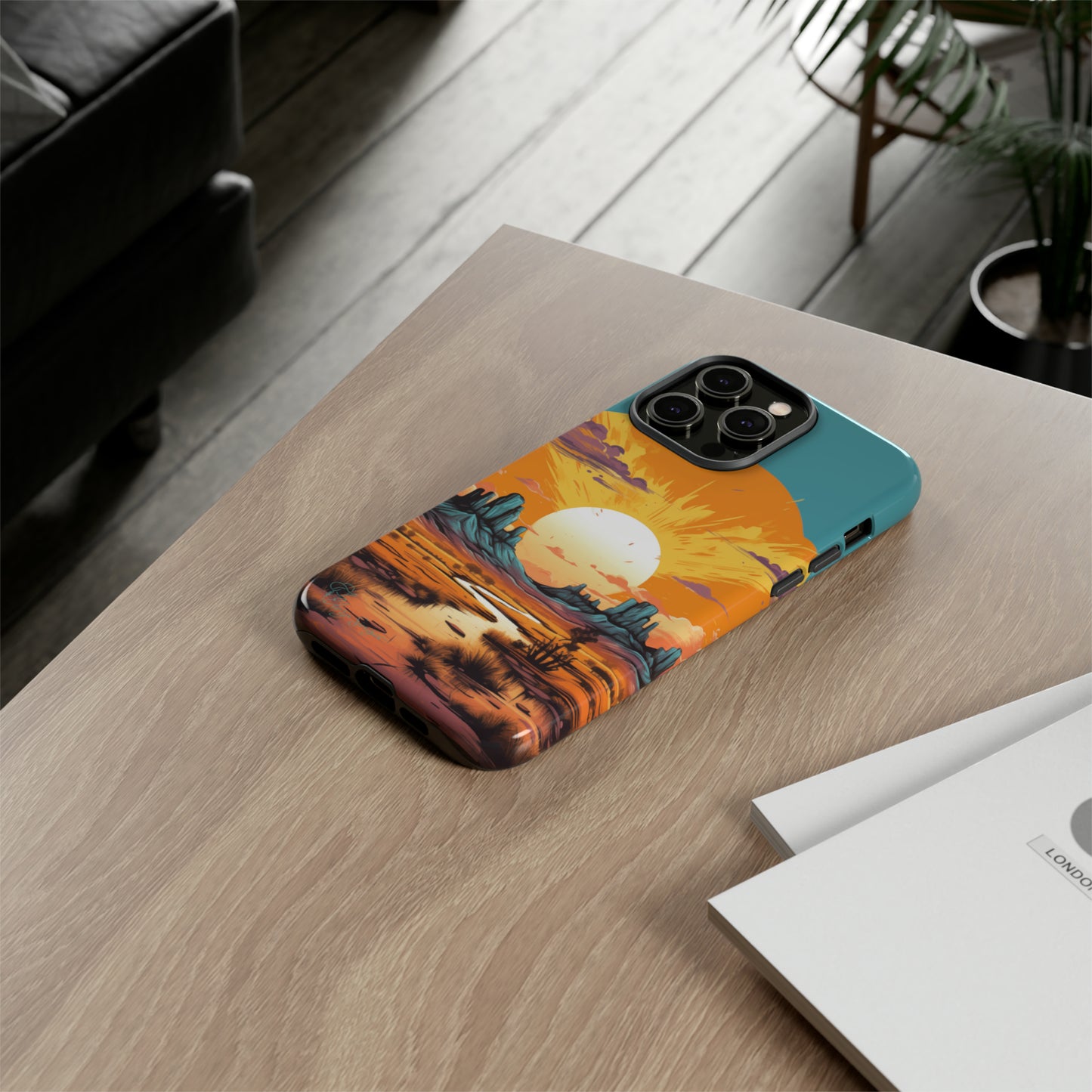 Introducing our Tough Western Cell Phone Case: Turquoise Twilight Oasis Edition! This captivating design showcases a serene landscape with a turquoise background and a mesmerizing setting sun. Enjoy the perfect blend of rugged protection and artistic flair.