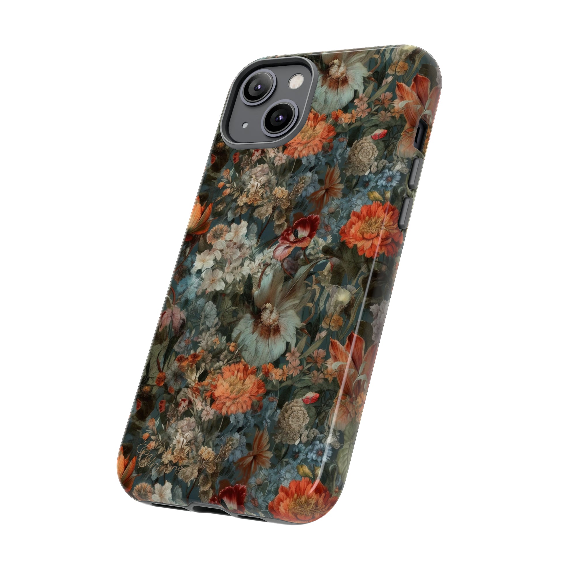 Blooms in Shadows: Botany Floral Dark Flowers iPhone Tough Protective Cover. A captivating blend of Flowers in muted colors, compatible with iPhone 15, 14, 13, XS, XR Pro/Max/Mini/P/Plus. Unleash Nature's Elegance with Durability and Style. #ElizaSinger #PhoneCase #FloralDesign