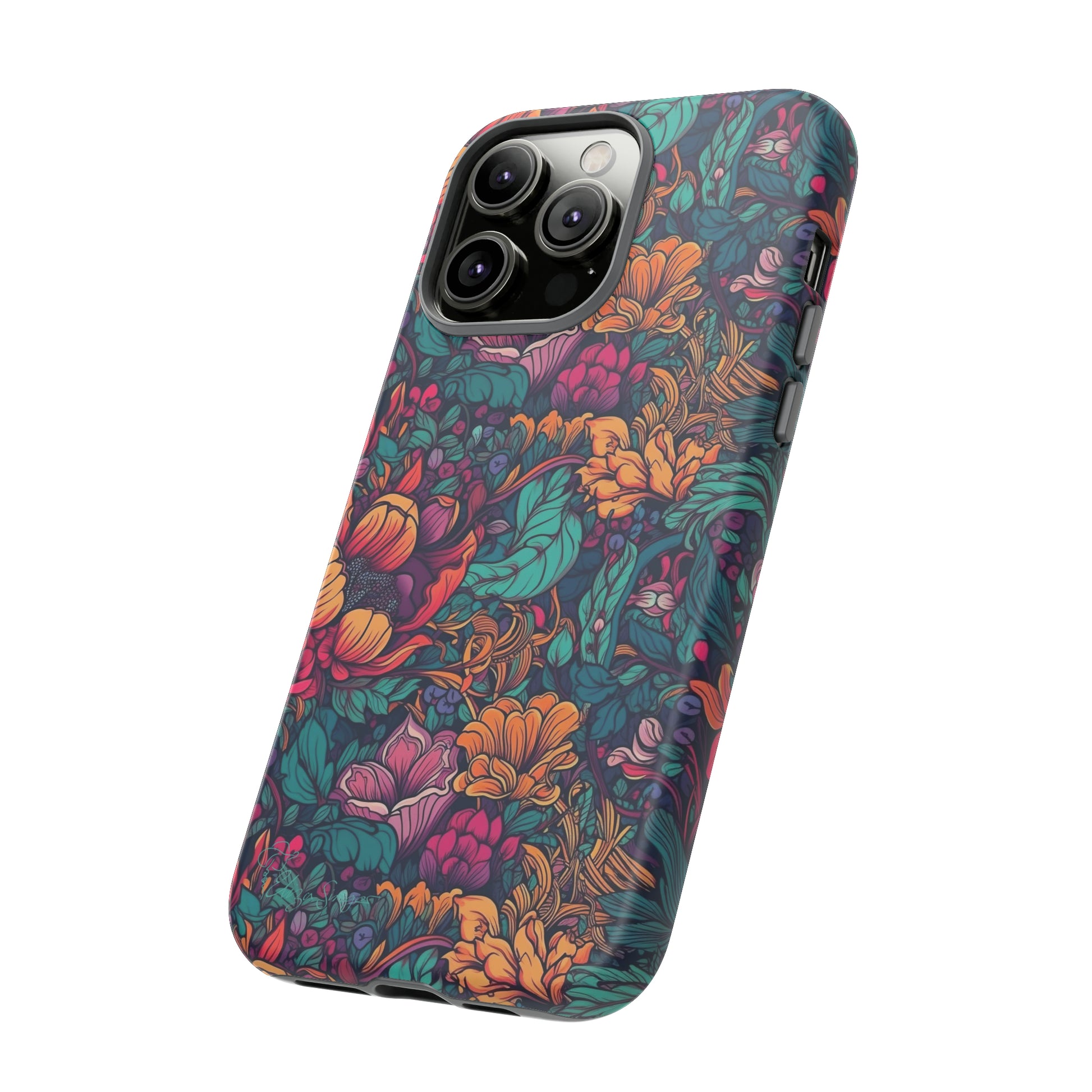 Vibrant Boho Blossoms: iPhone Tough Protective Cover. Featuring a bright abstract floral design, this case adds a touch of Bohemian flair. Compatible with iPhone 15, 14, 13, XS, XR Pro/Max/Mini/P/Plus. Embrace Boho Chic with Style and Durability. #ElizaSinger #PhoneCase #FloralDesign