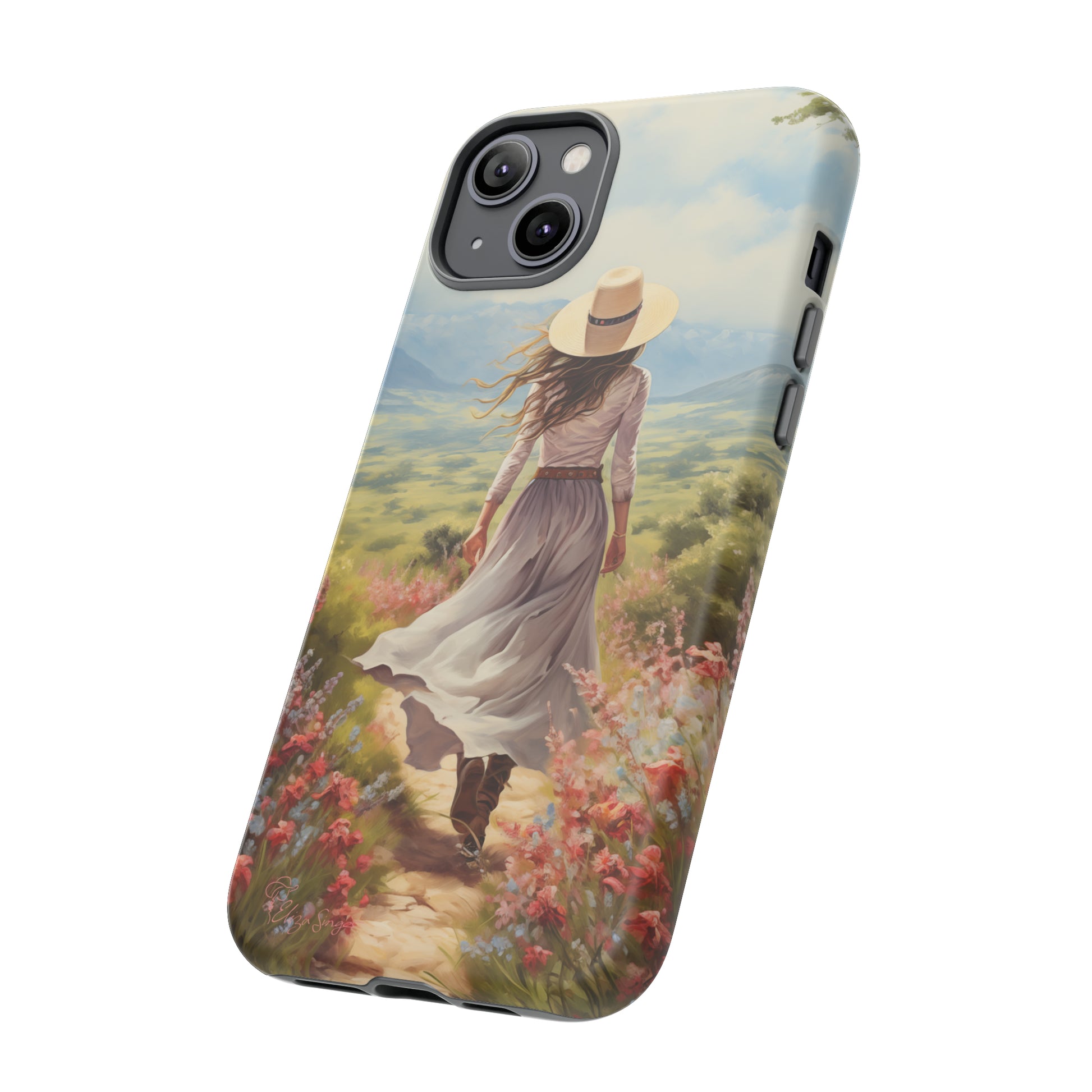 Embrace Whimsical Protection: Tough Western Cell Phone Case by Eliza Singer. Step into a World of Enchantment with a Stylish Woman Amidst Nature's Beauty. Safeguard Your Phone with Artistic Charm. #ElizaSinger #PhoneCase #WesternStyle 