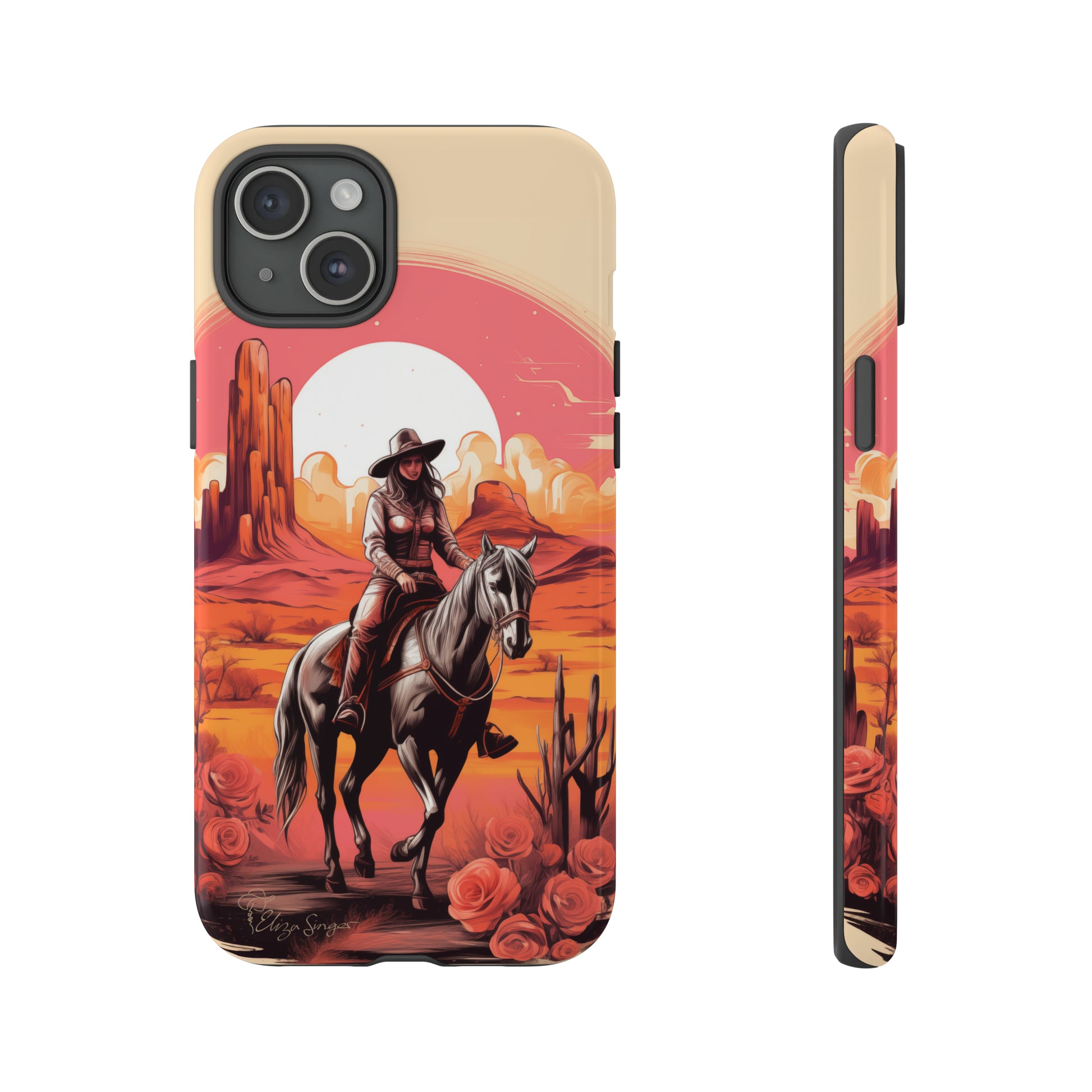 Feminine Adventure Unleashed: Introducing our Tough Western Cell Phone Case, adorned with a stunning design of a cowgirl riding a horse through the desert, surrounded by shades of coral. This unique edition seamlessly combines rugged protection with a touch of feminine flair. Elevate your style with a dash of adventurous charm. #ElizaSinger #PhoneCase #FeminineAdventure 
