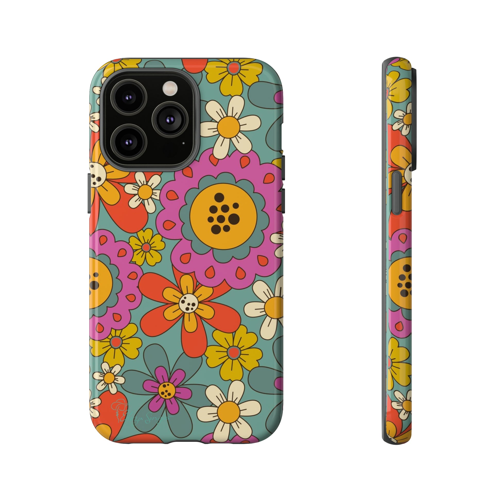 Step into the Groove: Groovy Hippie Hippy Design iPhone Tough Protective Cover. A nod to the 60's with Daisy Design in Turquoise and Pink. Compatible with iPhone 15, 14, 13, XS, XR Pro/Max/Mini/P/Plus. Embrace Retro Vibes with Style and Durability. #ElizaSinger #PhoneCase #GroovyDesign 