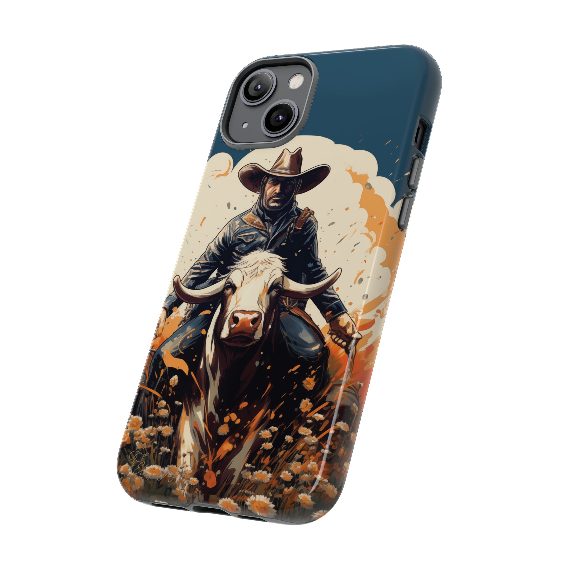 Time-Tested Charm: Immerse yourself in the charm of yesteryear with our Tough Cell Phone Case. Featuring a cowboy on a cow in a field of flowers, this design exudes retro vibes. Experience the perfect blend of vintage style and durable protection. Elevate your phone with a touch of timeless allure. #ElizaSinger #PhoneCase #VintageCharm