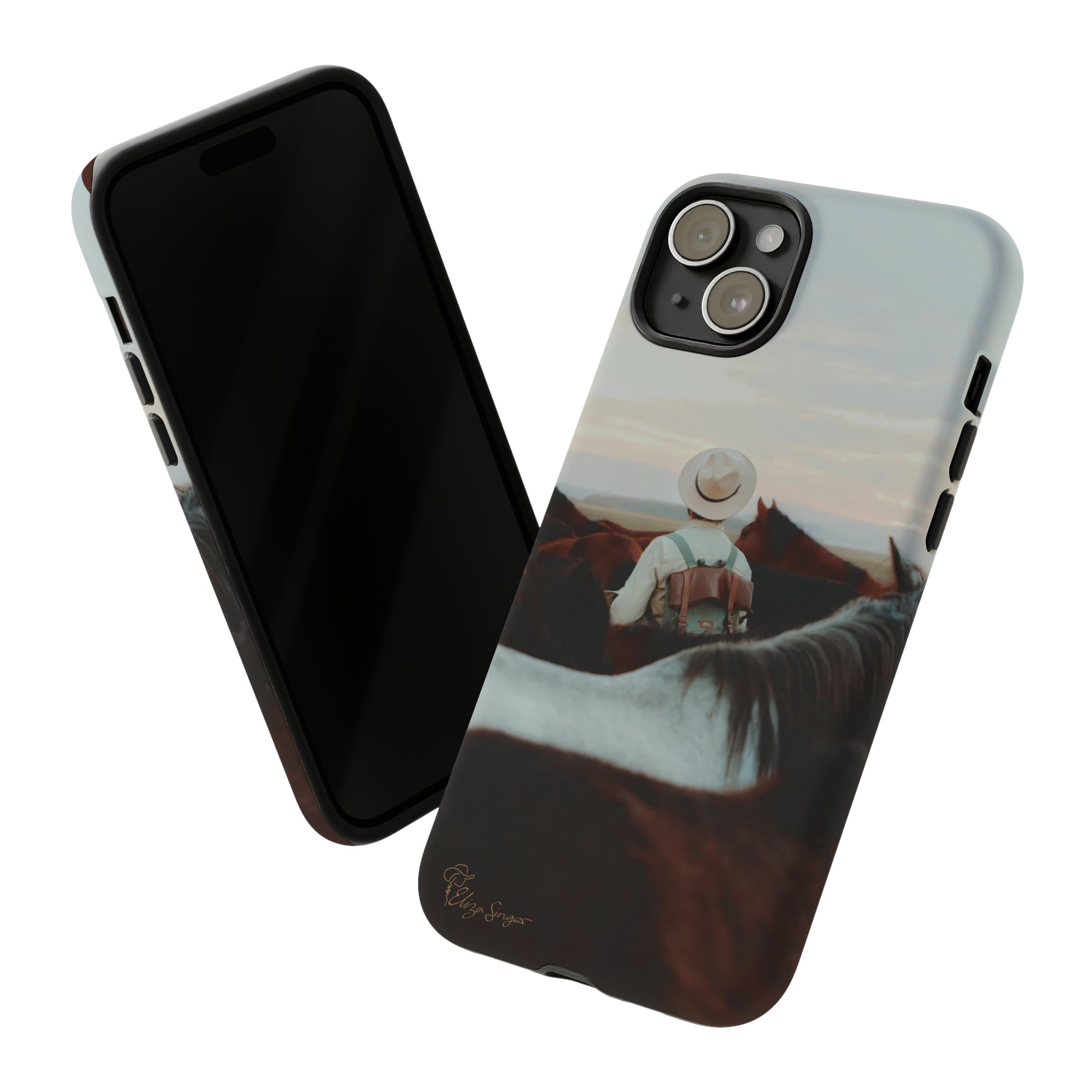 Ride into the Wild: Horse Art Western Photo Yellowstone Design iPhone Tough Protective Cover. Featuring a Cowboy amidst Mountains and Buckskin hues. Compatible with iPhone 15, 14, 13, XS, XR Pro/Max/Mini/P/Plus. Embrace the Spirit of the West with Style and Durability. #ElizaSinger #PhoneCase #WesternDesign