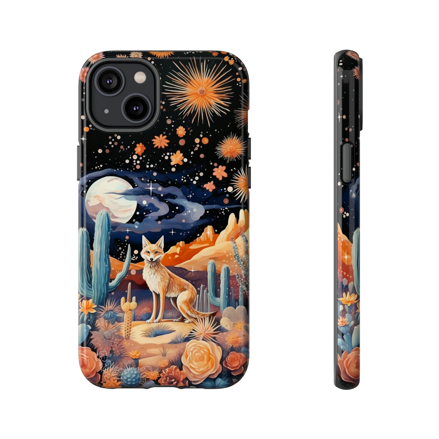 Introducing our Tough Western Cell Phone Case: Midnight Mirage Jackal Edition! Dive into the mysterious desert night with a striking depiction of a jackal, cacti, and a starry sky. This design offers the ideal combination of durability and desert charm.