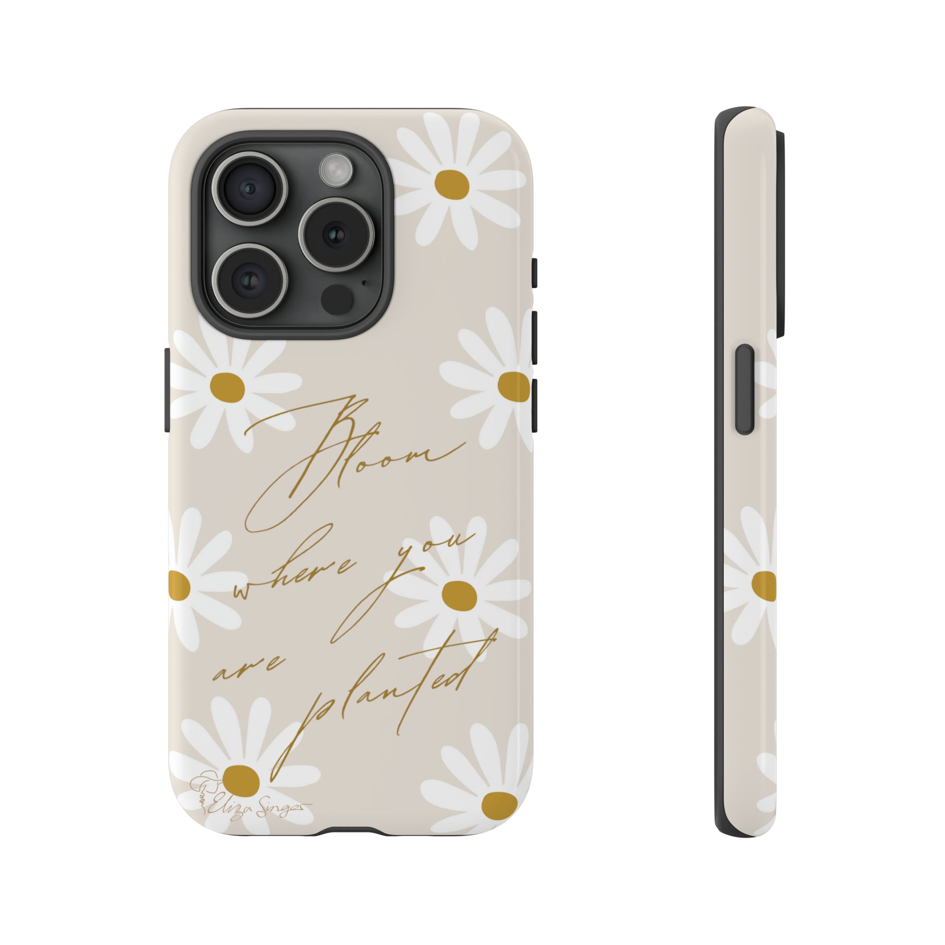 Sunny Boho Blooms: Boho Flower Daisy iPhone Tough Protective Case. A lively fusion of Flowers, Boho, and floral daisies design. Compatible with iPhone 15, 14, 13, XS, XR Pro/Max/Mini/P/Plus. Elevate Your Device with Bohemian Charm and Durability. #ElizaSinger #PhoneCase #FloralDesign