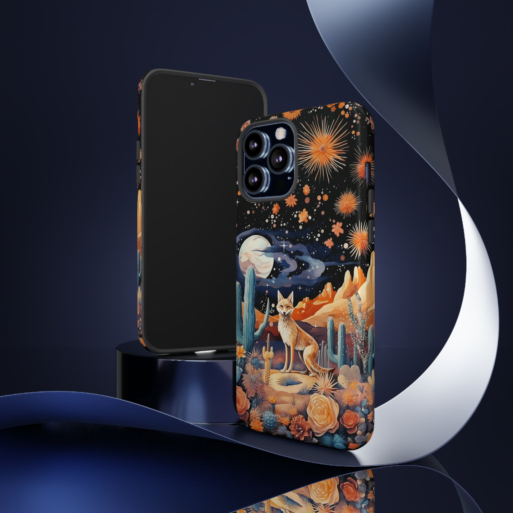 Introducing our Tough Western Cell Phone Case: Midnight Mirage Jackal Edition! Dive into the mysterious desert night with a striking depiction of a jackal, cacti, and a starry sky. This design offers the ideal combination of durability and desert charm.