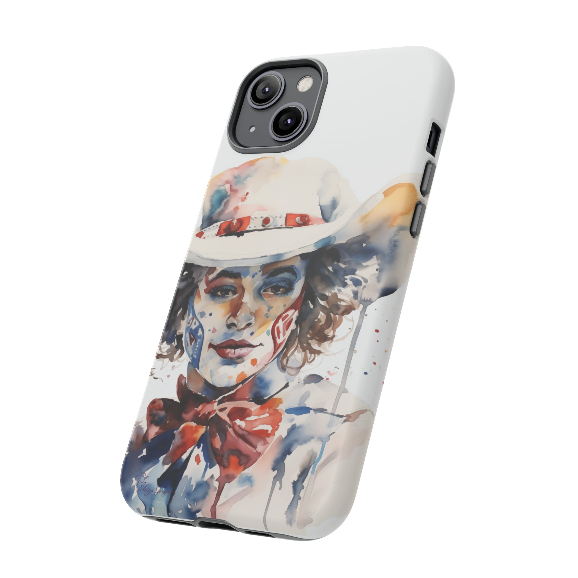 Presenting our Tough Western Cell Phone Case: Rodeo Clown Watercolor Gal Edition! This one-of-a-kind design showcases a vibrant watercolor portrayal of a woman as a rodeo clown on a white background. Enjoy the fusion of artistry and robust phone protection.