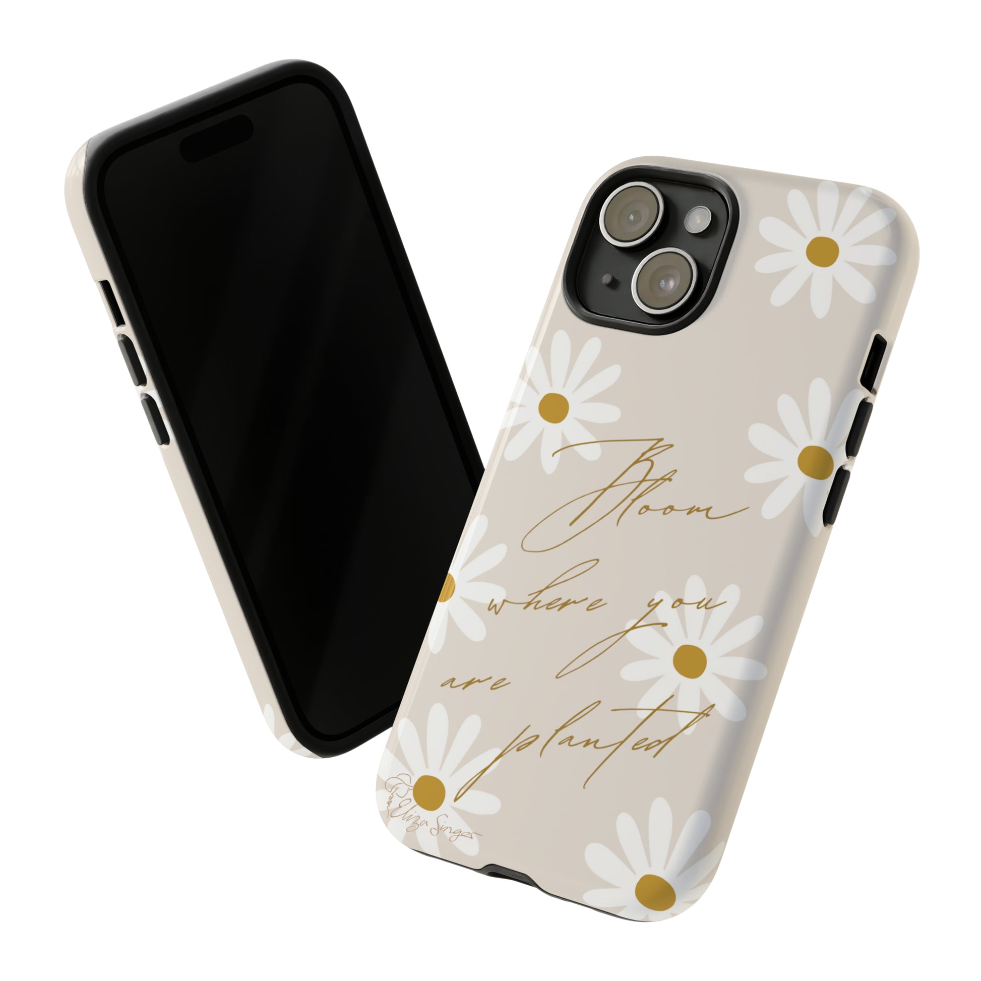 Sunny Boho Blooms: Boho Flower Daisy iPhone Tough Protective Case. A lively fusion of Flowers, Boho, and floral daisies design. Compatible with iPhone 15, 14, 13, XS, XR Pro/Max/Mini/P/Plus. Elevate Your Device with Bohemian Charm and Durability. #ElizaSinger #PhoneCase #FloralDesign