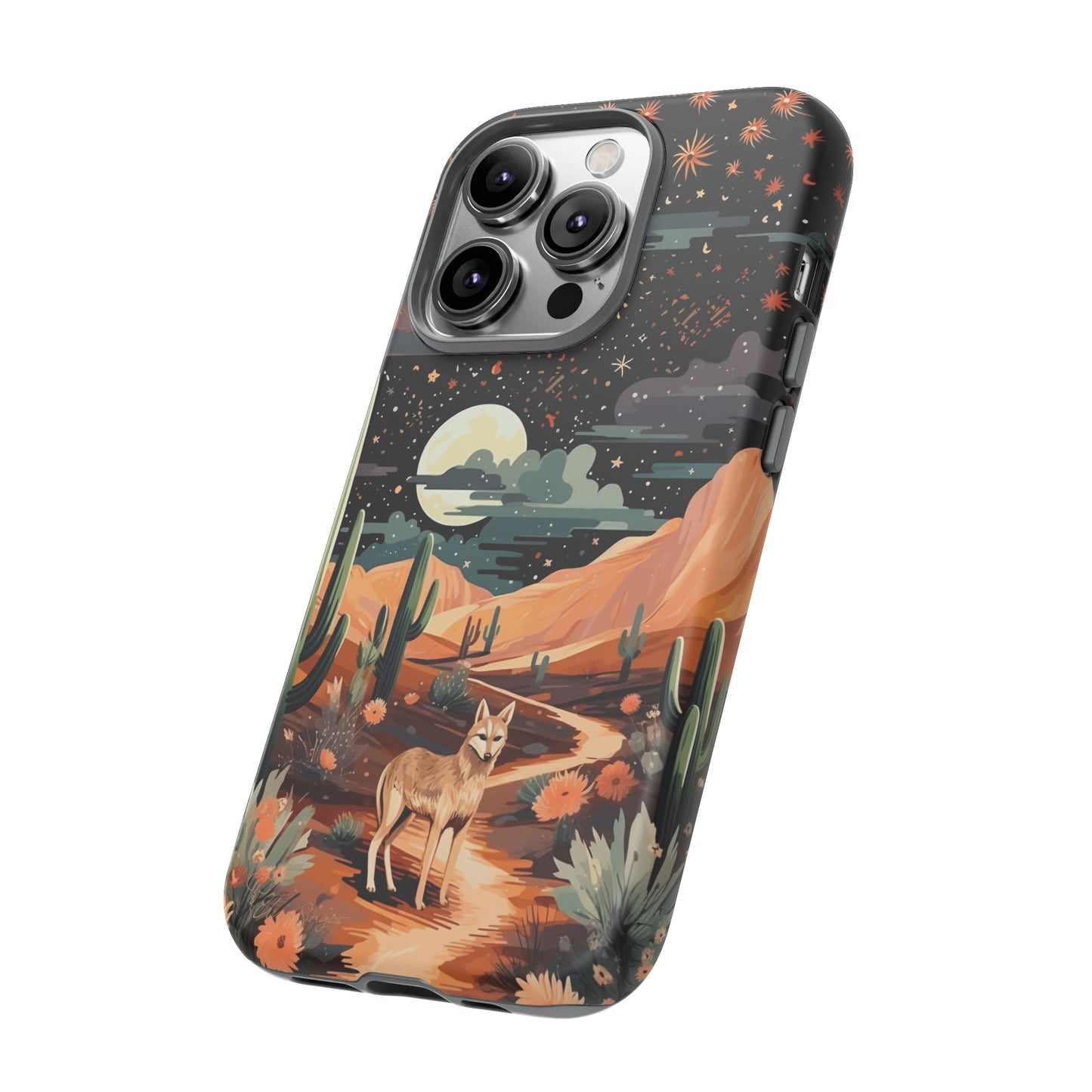 Unveiling our Tough Western Cell Phone Case: Stellar Desert Jackal Edition! Embrace the beauty of the night with a jackal in a desert landscape, under a starry sky, surrounded by cacti. This case provides rugged protection with a touch of celestial elegance.