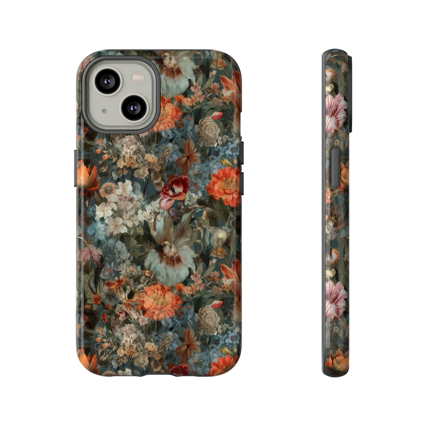 Blooms in Shadows: Botany Floral Dark Flowers iPhone Tough Protective Cover. A captivating blend of Flowers in muted colors, compatible with iPhone 15, 14, 13, XS, XR Pro/Max/Mini/P/Plus. Unleash Nature's Elegance with Durability and Style. #ElizaSinger #PhoneCase #FloralDesign