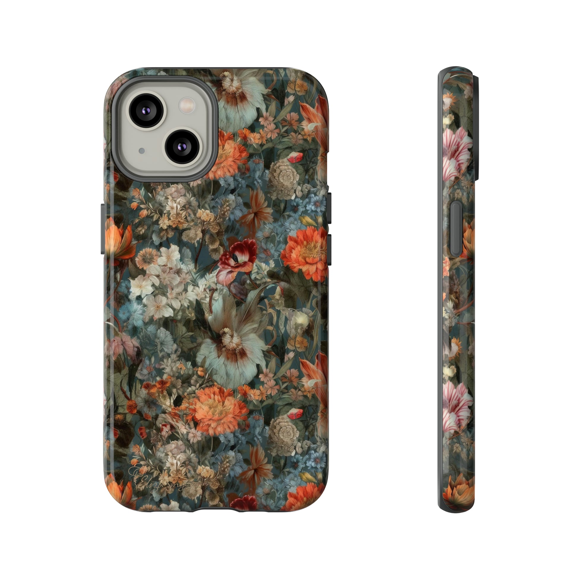 Blooms in Shadows: Botany Floral Dark Flowers iPhone Tough Protective Cover. A captivating blend of Flowers in muted colors, compatible with iPhone 15, 14, 13, XS, XR Pro/Max/Mini/P/Plus. Unleash Nature's Elegance with Durability and Style. #ElizaSinger #PhoneCase #FloralDesign