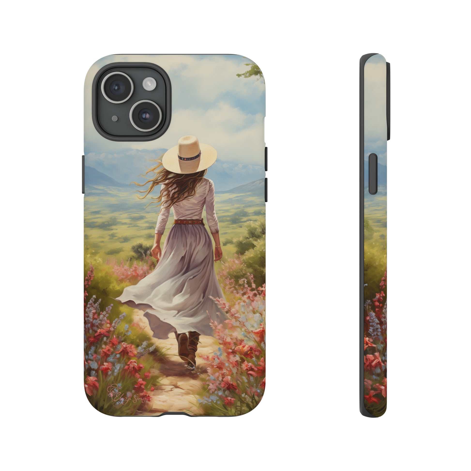 Step into a world of whimsy with our Tough Western Cell Phone Case showcasing a woman in a skirt and hat walking down a small path through a vast field. Delight in the beauty of flowers lining the path while ensuring your phone stays protected with this enchanting edition.