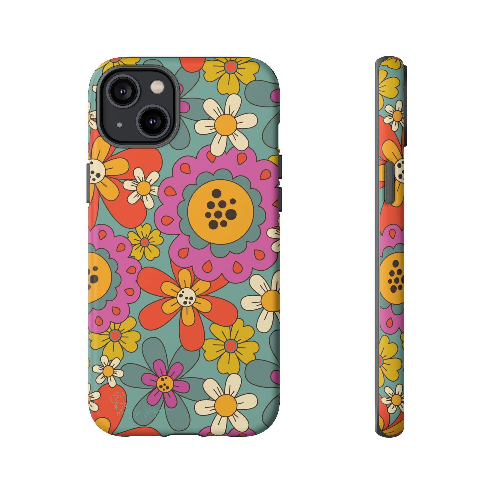 Step into the Groove: Groovy Hippie Hippy Design iPhone Tough Protective Cover. A nod to the 60's with Daisy Design in Turquoise and Pink. Compatible with iPhone 15, 14, 13, XS, XR Pro/Max/Mini/P/Plus. Embrace Retro Vibes with Style and Durability. #ElizaSinger #PhoneCase #GroovyDesign 