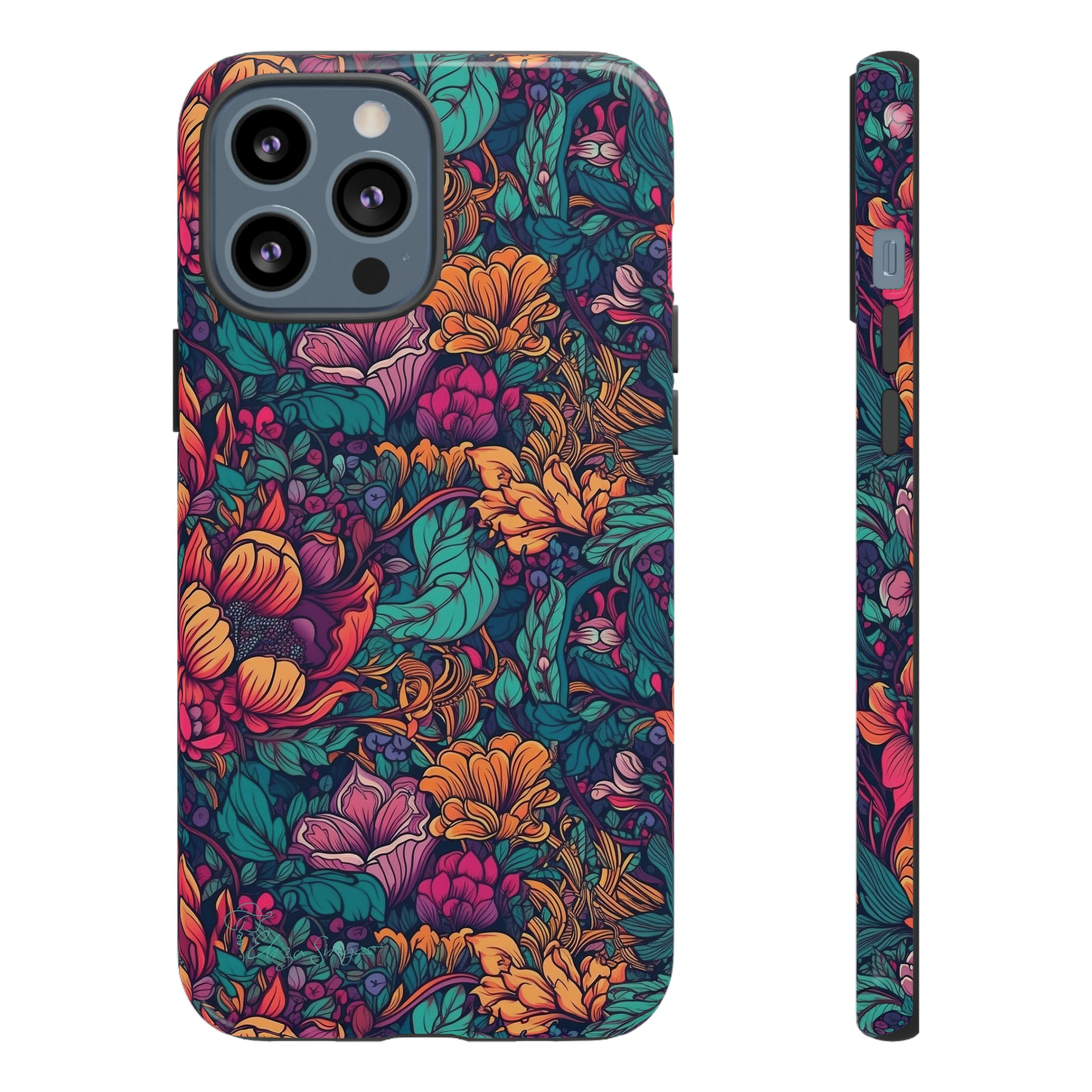 Vibrant Boho Blossoms: iPhone Tough Protective Cover. Featuring a bright abstract floral design, this case adds a touch of Bohemian flair. Compatible with iPhone 15, 14, 13, XS, XR Pro/Max/Mini/P/Plus. Embrace Boho Chic with Style and Durability. #ElizaSinger #PhoneCase #FloralDesign