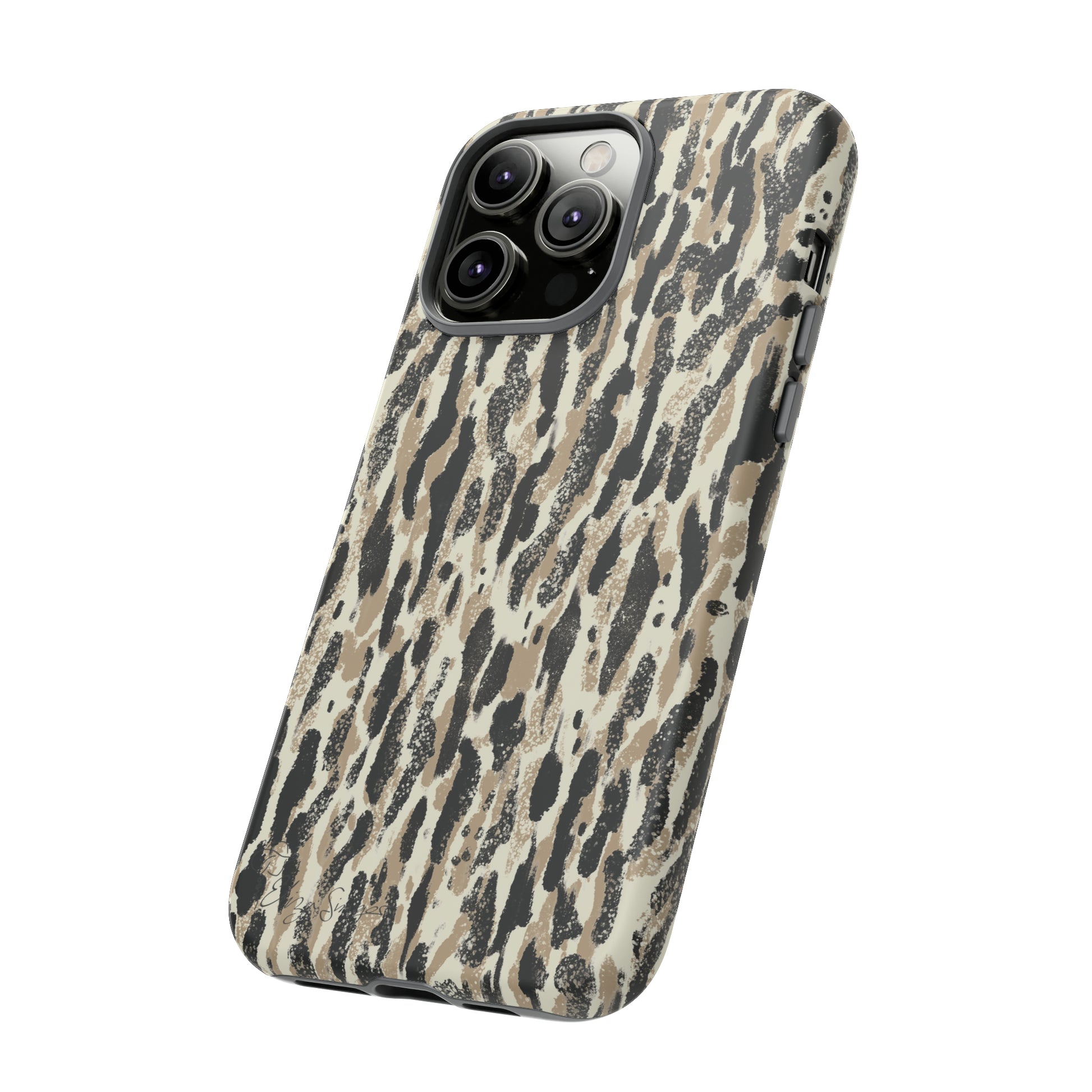Elevate Your Tech: Abstract Neutral Animal Print iPhone Tough Protective Cover. Leopard-Painted Design in Beige and Black. Compatible with iPhone 15, 14, 13, XS, XR Pro/Max/Mini/P/Plus. Unleash the Wild with Style and Durability. #ElizaSinger #PhoneCase #LeopardPrint 