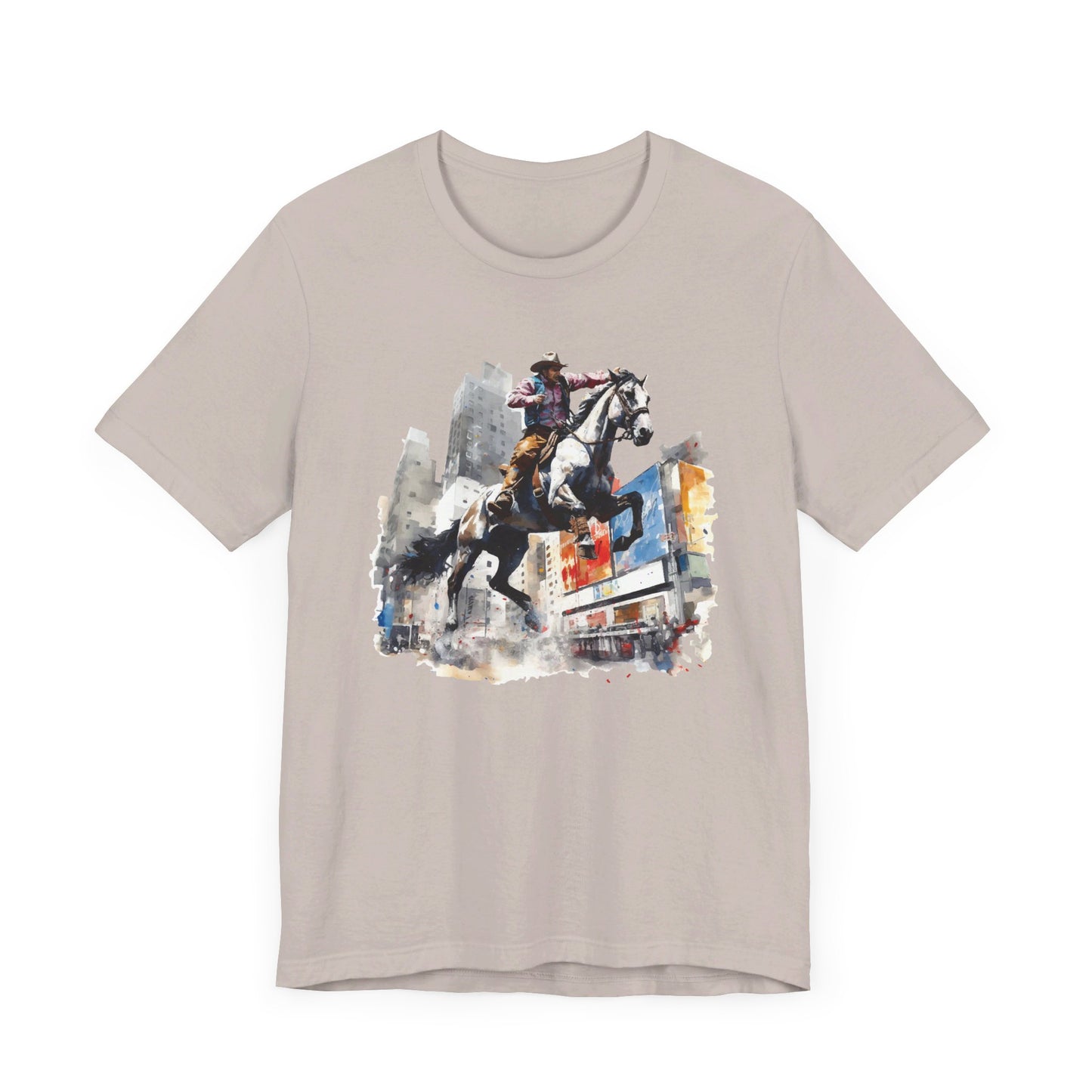 City Rodeo: Bella Canvas T-shirt with Cowboy in Urban Landscape