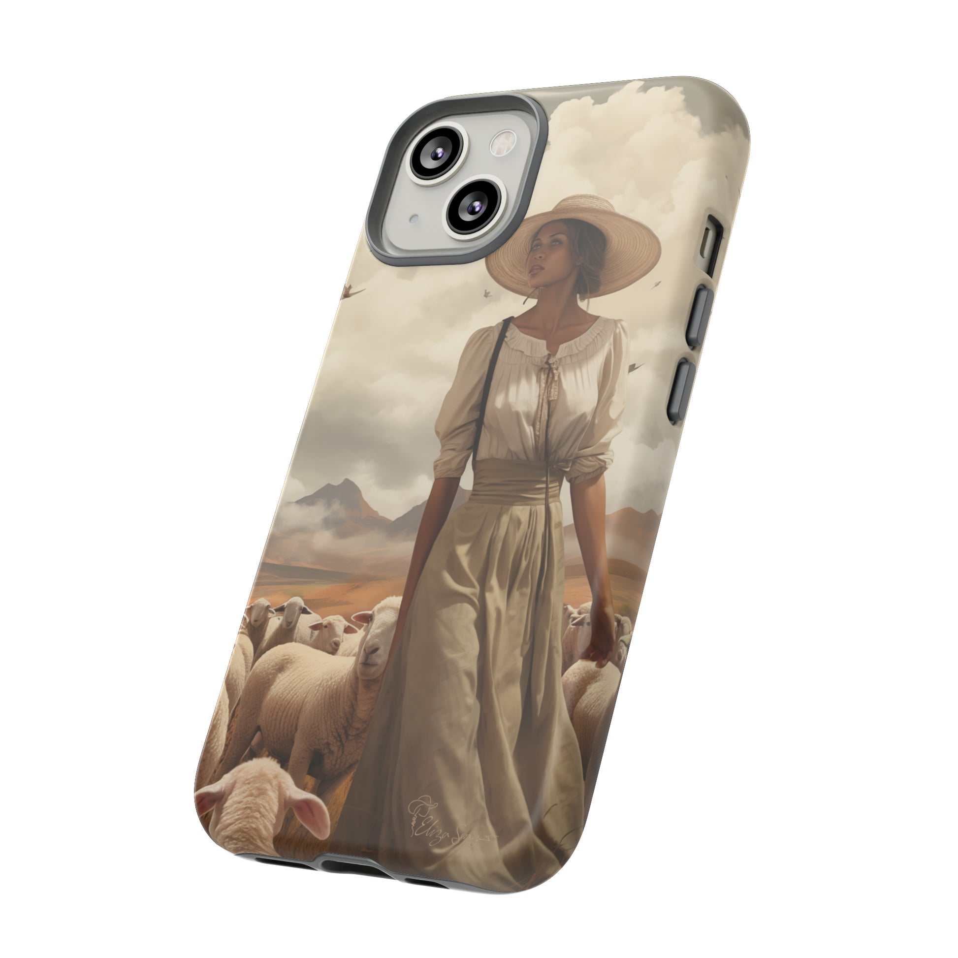 Immerse yourself in a dreamy landscape with our Tough Western Cell Phone Case showcasing a vintage painted design of a woman wearing a hat, walking through a prairie landscape with sheep behind her. Experience the magic of the past with this edition.