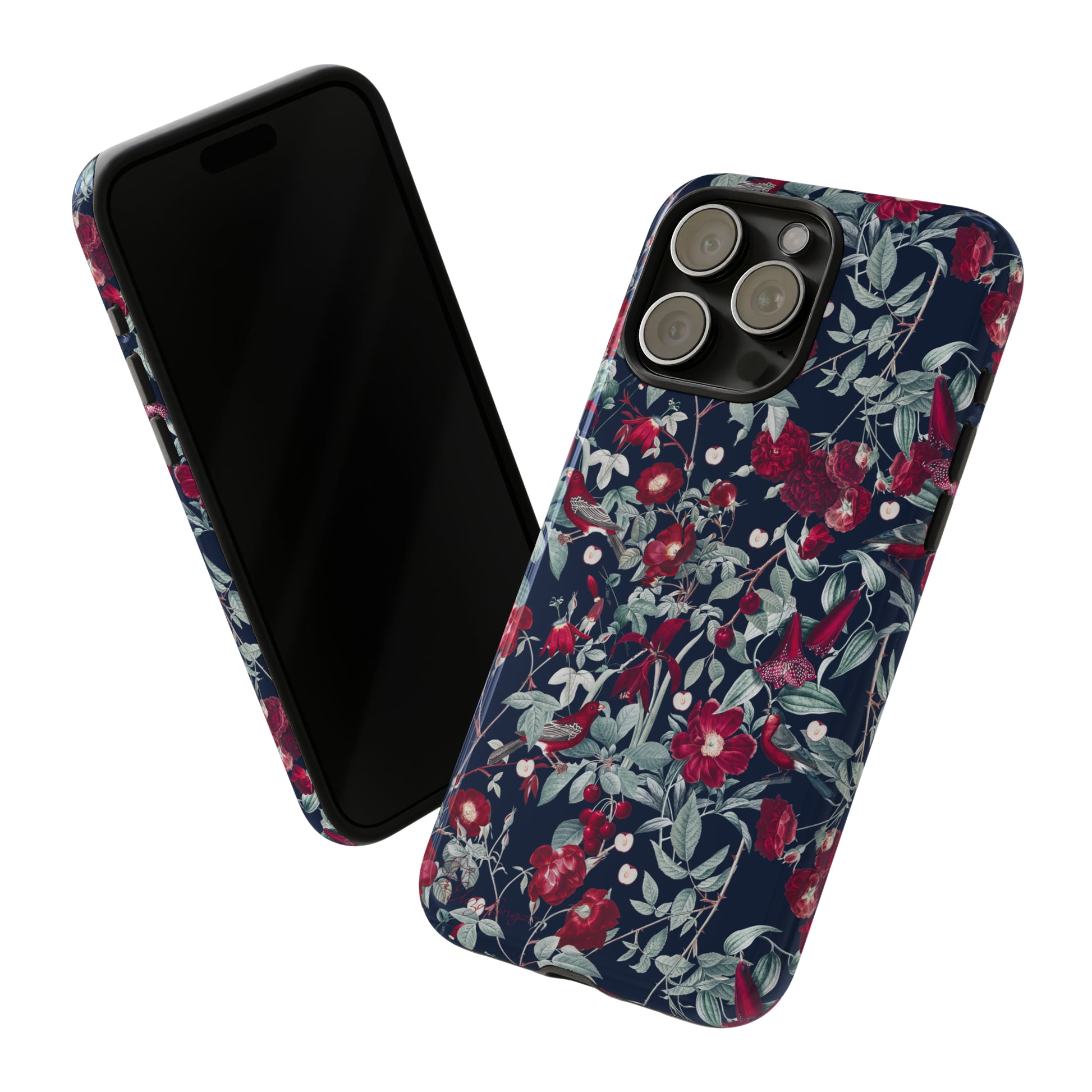 Blossom Serenade: Cherry Blossom Serenade Burgundy Navy Dark iPhone Tough Protective Cover. A captivating blend of Flowers in burgundy and navy hues, featuring a muted design. Compatible with iPhone 15, 14, 13, XS, XR Pro/Max/Mini/P/Plus. Elevate your device with this enchanting and stylish protective cover. #ElizaSinger #PhoneCase #FloralDesign