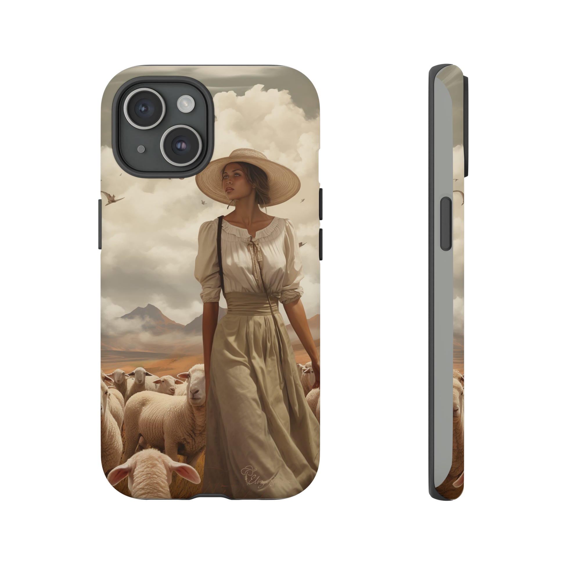 Immerse yourself in a dreamy landscape with our Tough Western Cell Phone Case showcasing a vintage painted design of a woman wearing a hat, walking through a prairie landscape with sheep behind her. Experience the magic of the past with this edition.