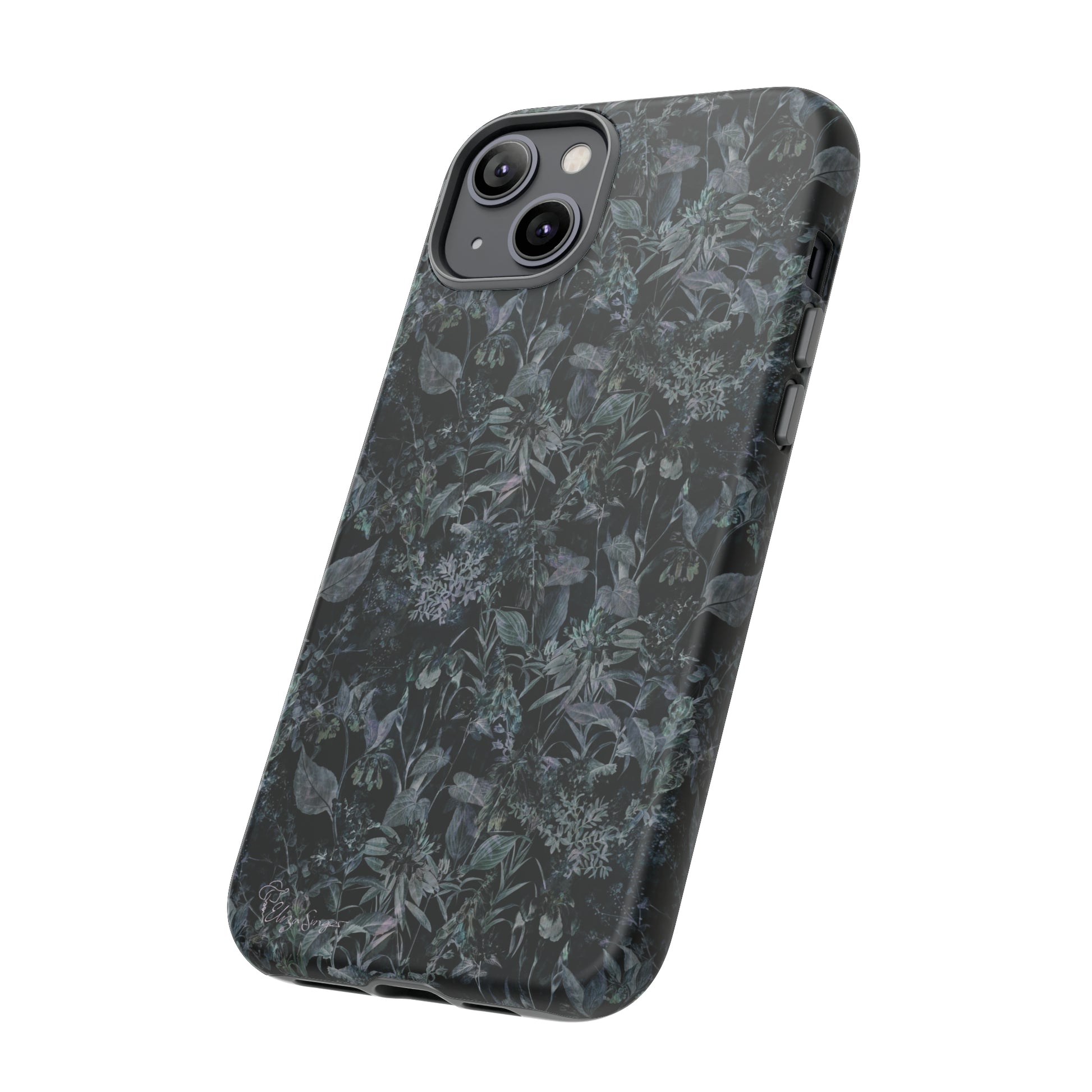Blossom in Style: Botany Floral Dark Flowers Blue Denim iPhone Tough Protective Cover. This case features a Flower and Muted Grey Design, compatible with iPhone 15, 14, 13, XS, XR Pro/Max/Mini/P/Plus. Unleash Nature's Beauty with Style and Durability. #ElizaSinger #PhoneCase #FloralDesign