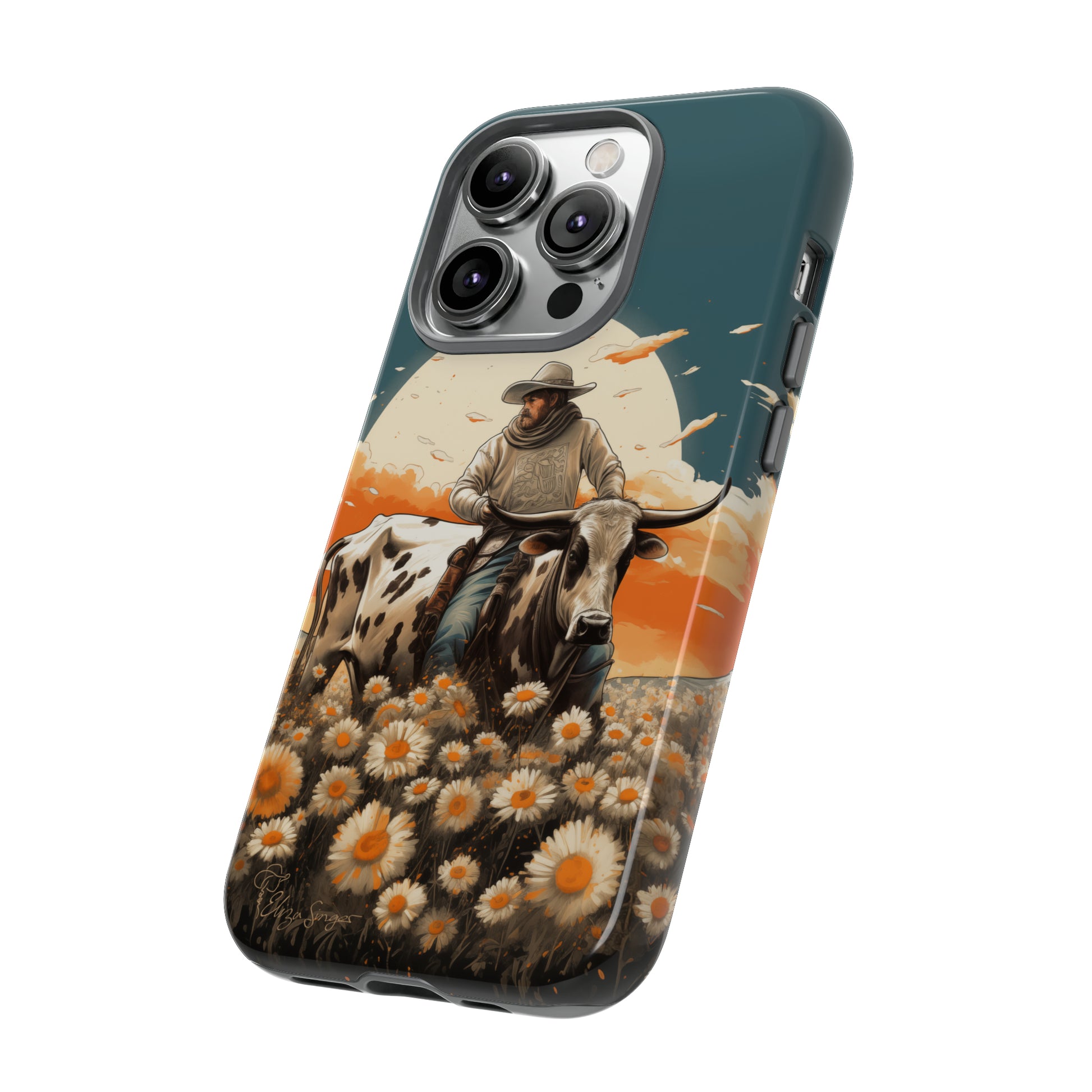 Harmony of Contrasts: Dive into our Tough Cell Phone Case, a visual symphony featuring a bullrider on a black and white dairy cow amidst a vibrant field of flowers. This edition effortlessly merges toughness with artistic flair, offering a unique and captivating contrast. Elevate your phone with rugged elegance. #ElizaSinger #PhoneCase #ContrastHarmony
