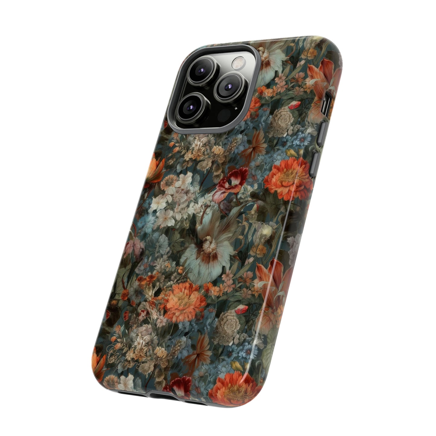 Blooms in Shadows: Botany Floral Dark Flowers iPhone Tough Protective Cover. A captivating blend of Flowers in muted colors, compatible with iPhone 15, 14, 13, XS, XR Pro/Max/Mini/P/Plus. Unleash Nature's Elegance with Durability and Style. #ElizaSinger #PhoneCase #FloralDesign