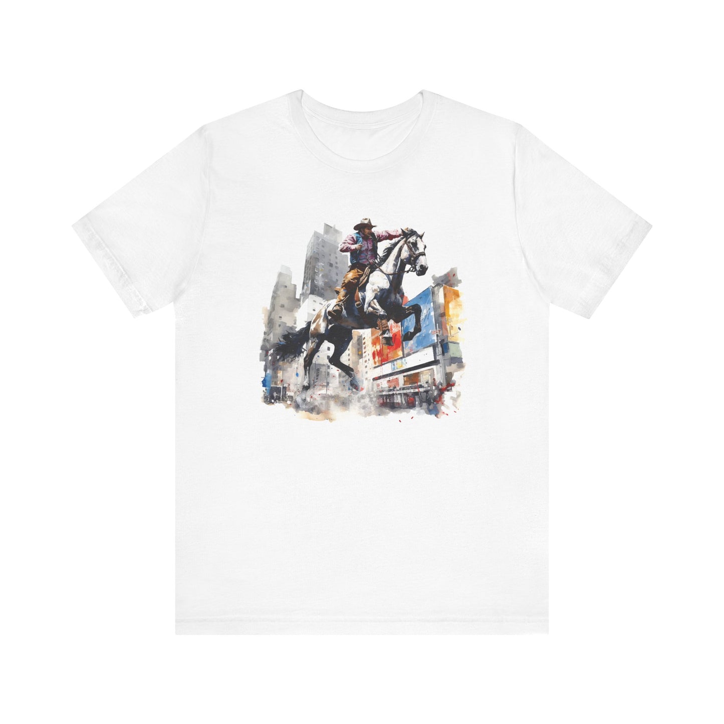 City Rodeo: Bella Canvas T-shirt with Cowboy in Urban Landscape