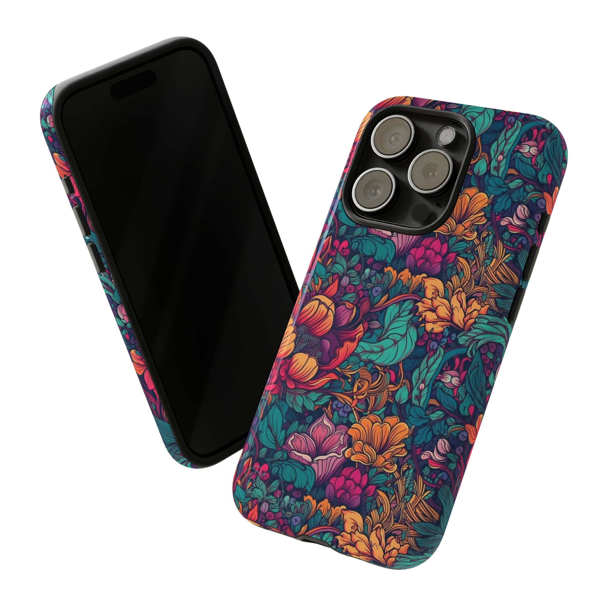 Vibrant Boho Blossoms: iPhone Tough Protective Cover. Featuring a bright abstract floral design, this case adds a touch of Bohemian flair. Compatible with iPhone 15, 14, 13, XS, XR Pro/Max/Mini/P/Plus. Embrace Boho Chic with Style and Durability. #ElizaSinger #PhoneCase #FloralDesign