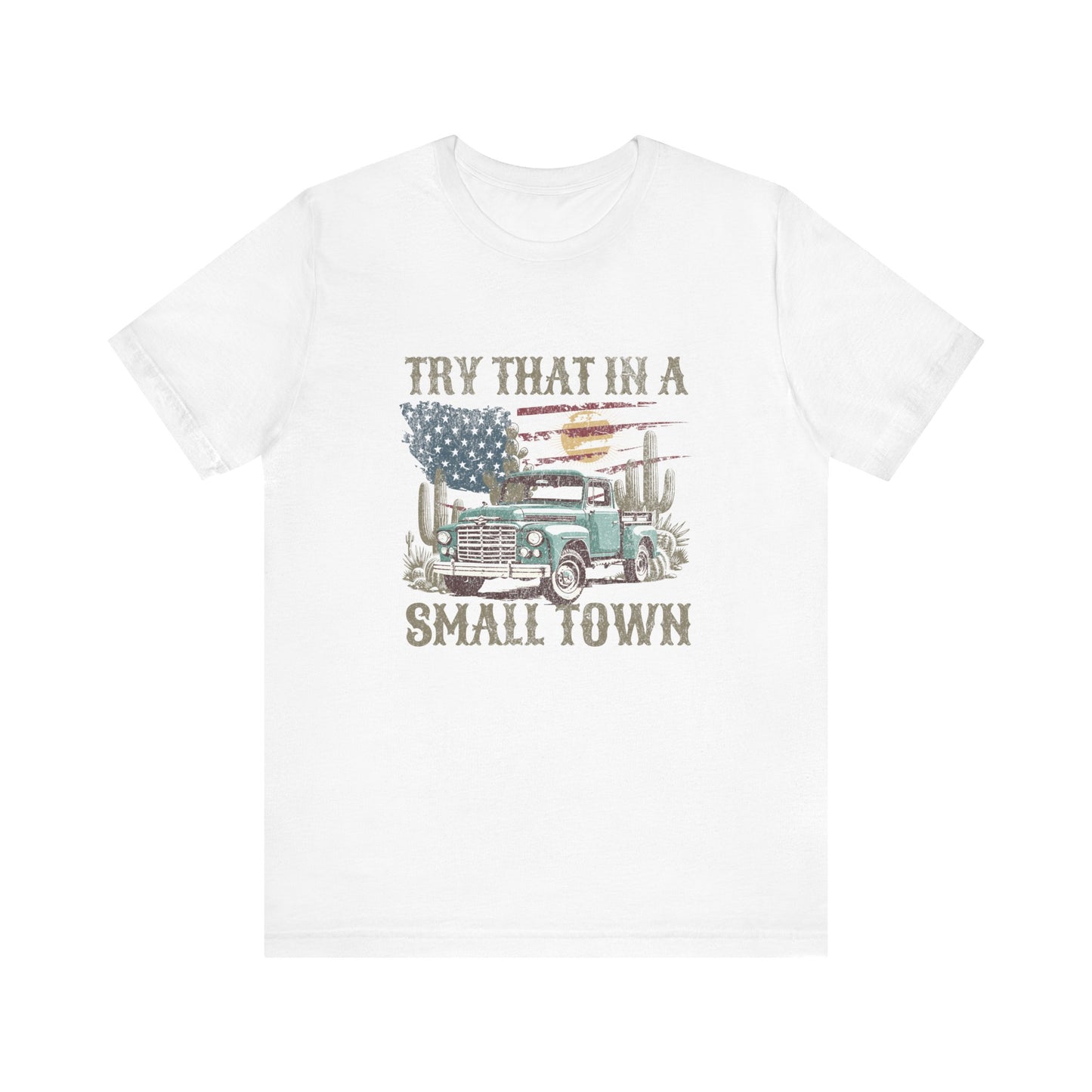 Small Town Pride: Bella Canvas T-shirt with Vintage Pickup and Flag
