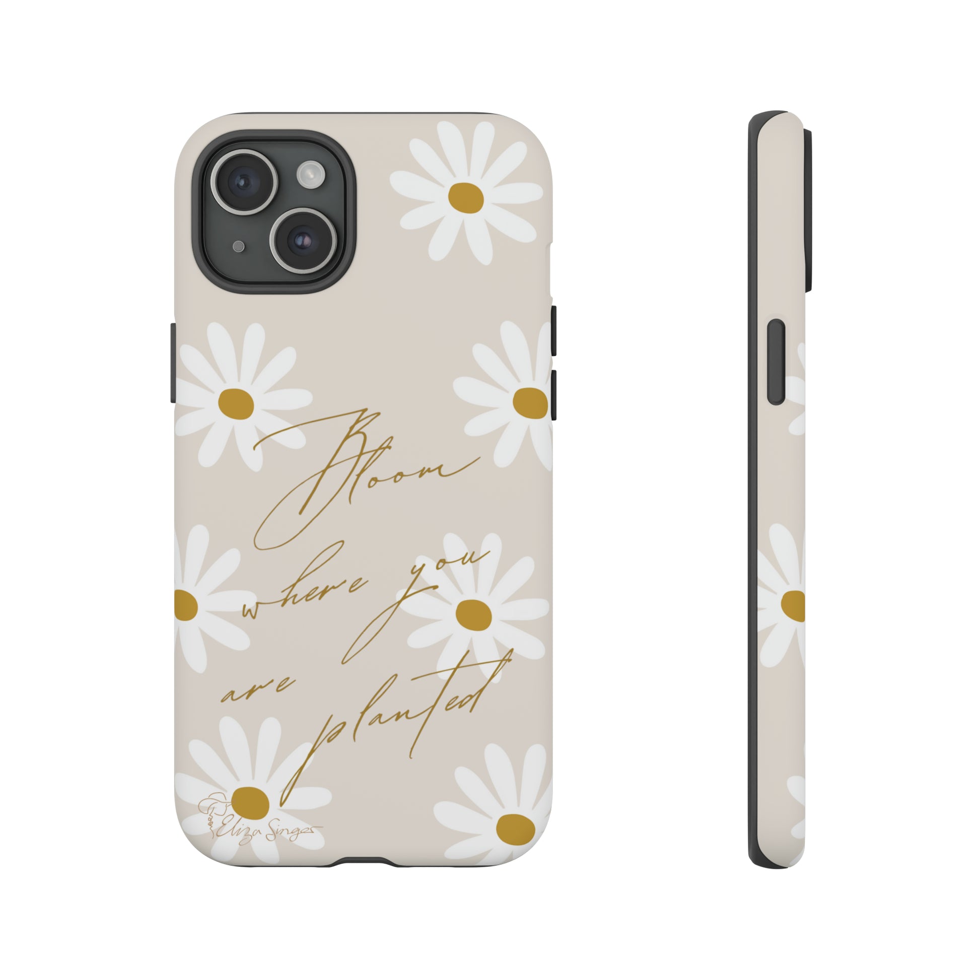 Sunny Boho Blooms: Boho Flower Daisy iPhone Tough Protective Case. A lively fusion of Flowers, Boho, and floral daisies design. Compatible with iPhone 15, 14, 13, XS, XR Pro/Max/Mini/P/Plus. Elevate Your Device with Bohemian Charm and Durability. #ElizaSinger #PhoneCase #FloralDesign