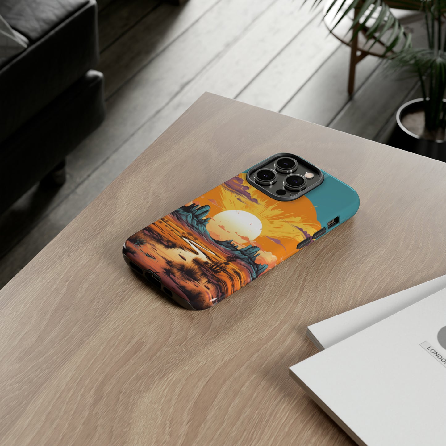 Introducing our Tough Western Cell Phone Case: Turquoise Twilight Oasis Edition! This captivating design showcases a serene landscape with a turquoise background and a mesmerizing setting sun. Enjoy the perfect blend of rugged protection and artistic flair.
