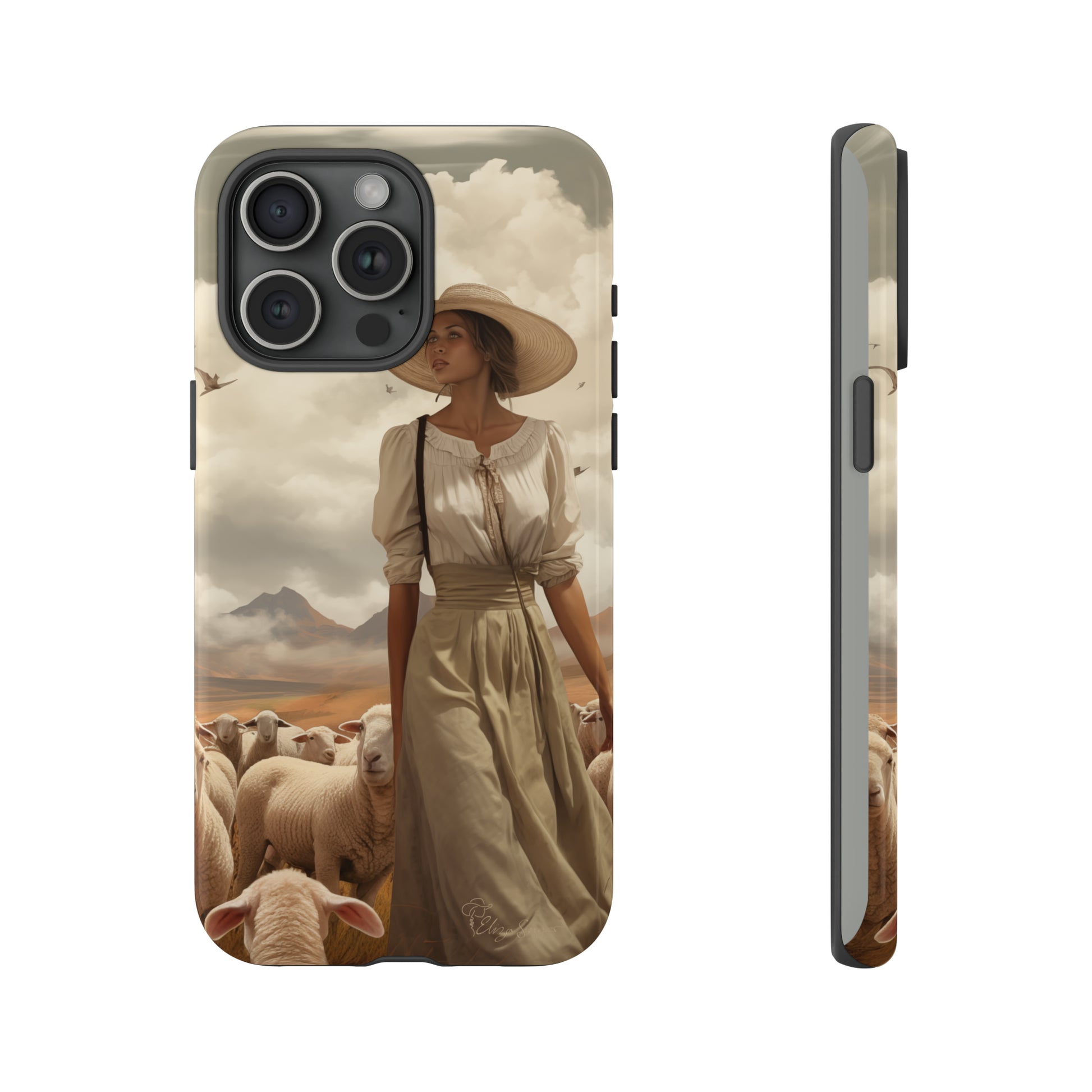 Immerse yourself in a dreamy landscape with our Tough Western Cell Phone Case showcasing a vintage painted design of a woman wearing a hat, walking through a prairie landscape with sheep behind her. Experience the magic of the past with this edition.