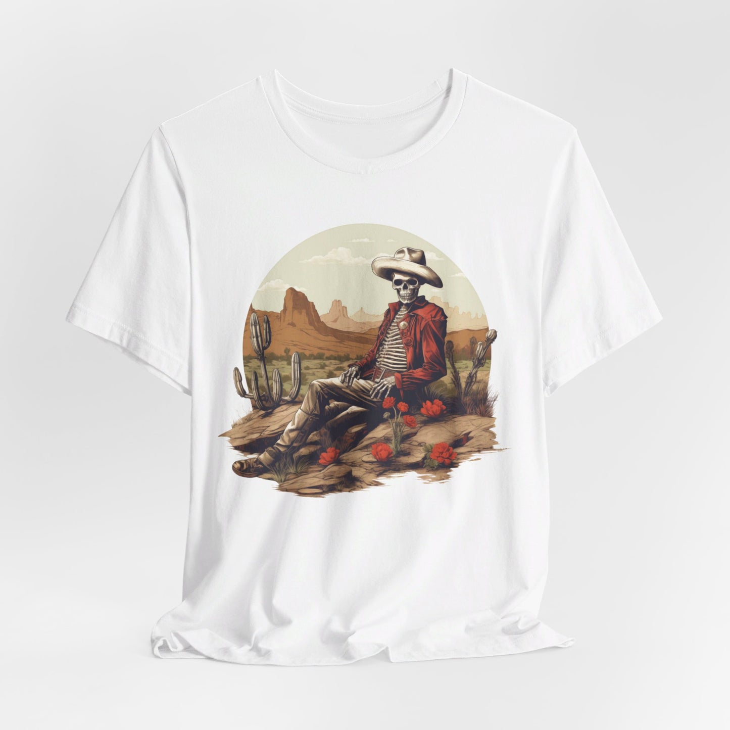 Skeleton Cowboy in Desert: Red Blazer Bella Canvas T-shirt