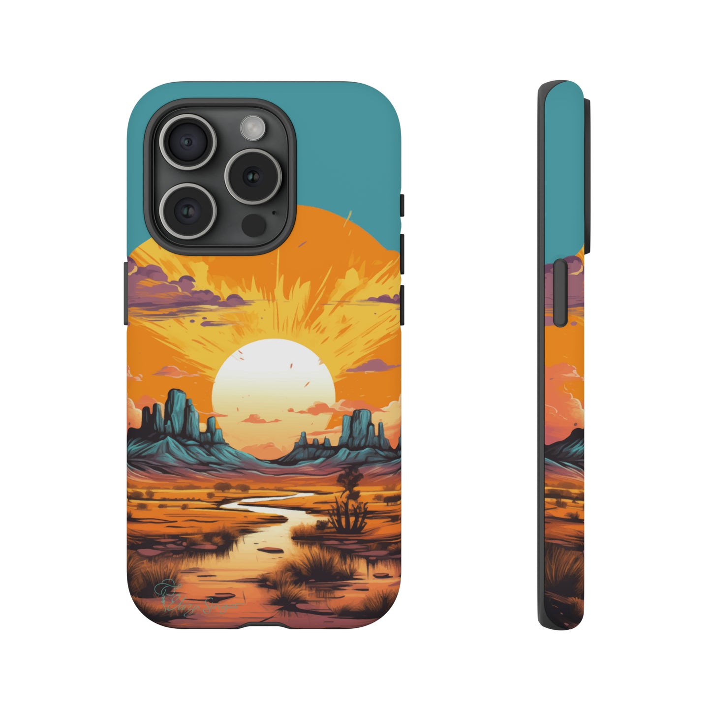 Introducing our Tough Western Cell Phone Case: Turquoise Twilight Oasis Edition! This captivating design showcases a serene landscape with a turquoise background and a mesmerizing setting sun. Enjoy the perfect blend of rugged protection and artistic flair.