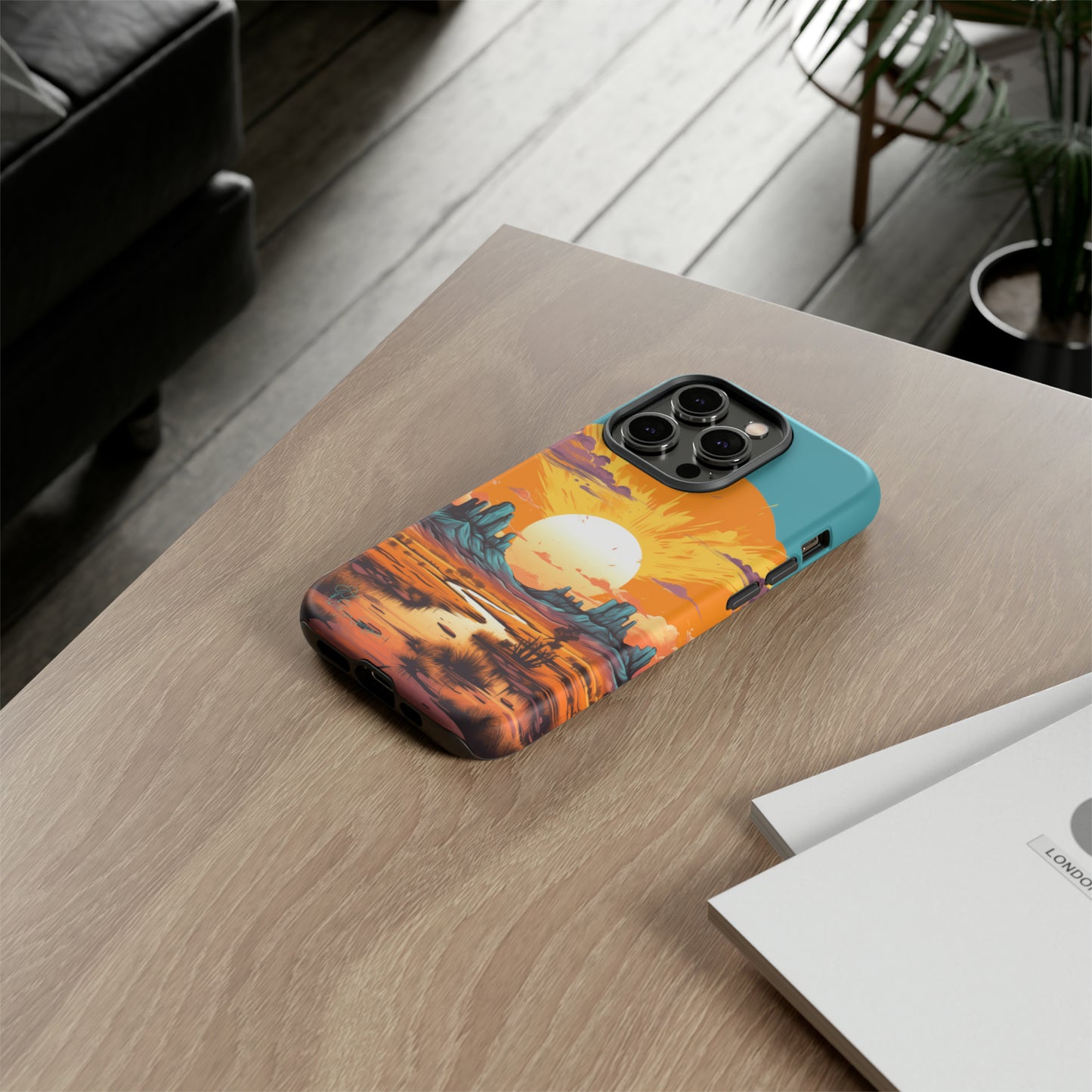 Introducing our Tough Western Cell Phone Case: Turquoise Twilight Oasis Edition! This captivating design showcases a serene landscape with a turquoise background and a mesmerizing setting sun. Enjoy the perfect blend of rugged protection and artistic flair.