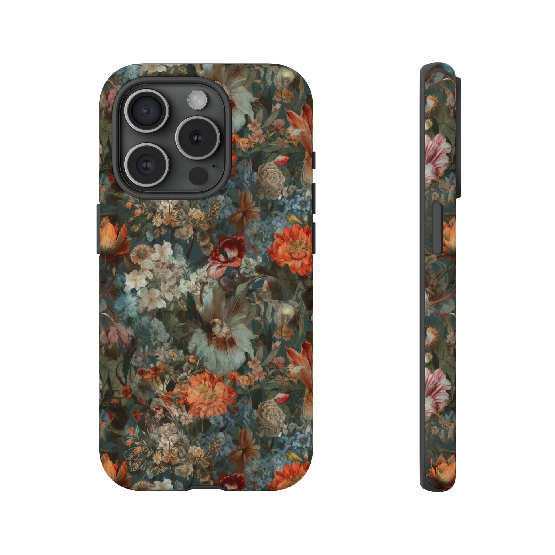 Blooms in Shadows: Botany Floral Dark Flowers iPhone Tough Protective Cover. A captivating blend of Flowers in muted colors, compatible with iPhone 15, 14, 13, XS, XR Pro/Max/Mini/P/Plus. Unleash Nature's Elegance with Durability and Style. #ElizaSinger #PhoneCase #FloralDesign