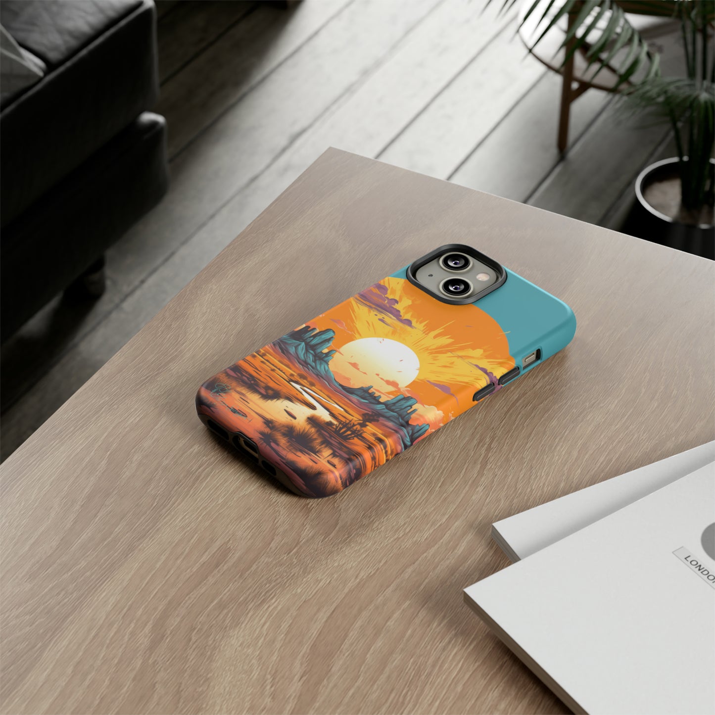 Introducing our Tough Western Cell Phone Case: Turquoise Twilight Oasis Edition! This captivating design showcases a serene landscape with a turquoise background and a mesmerizing setting sun. Enjoy the perfect blend of rugged protection and artistic flair.