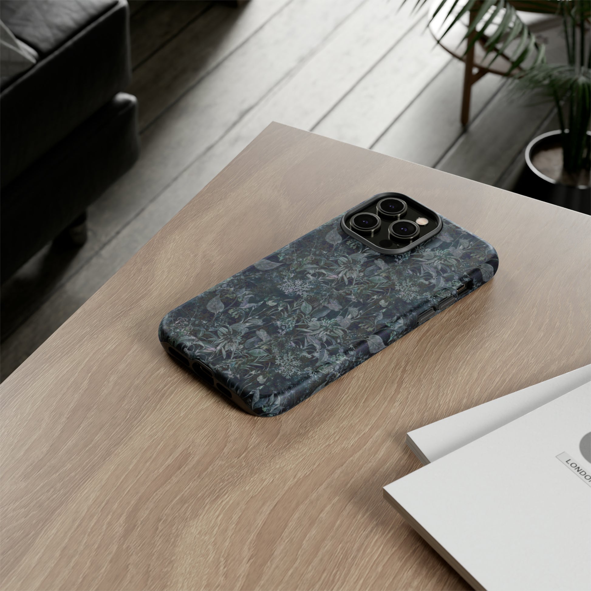 Blossom in Style: Botany Floral Dark Flowers Blue Denim iPhone Tough Protective Cover. This case features a Flower and Muted Grey Design, compatible with iPhone 15, 14, 13, XS, XR Pro/Max/Mini/P/Plus. Unleash Nature's Beauty with Style and Durability. #ElizaSinger #PhoneCase #FloralDesign