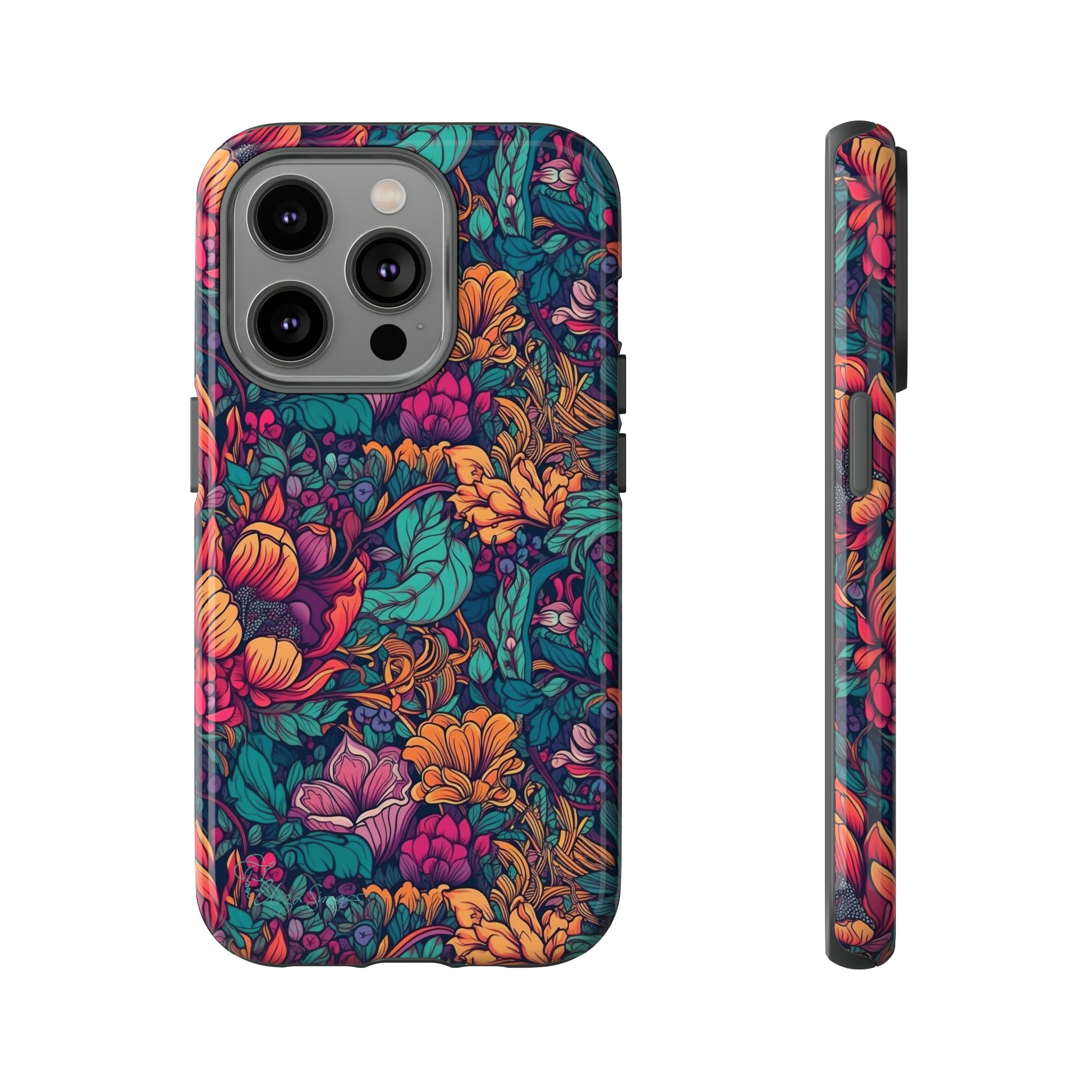 Vibrant Boho Blossoms: iPhone Tough Protective Cover. Featuring a bright abstract floral design, this case adds a touch of Bohemian flair. Compatible with iPhone 15, 14, 13, XS, XR Pro/Max/Mini/P/Plus. Embrace Boho Chic with Style and Durability. #ElizaSinger #PhoneCase #FloralDesign