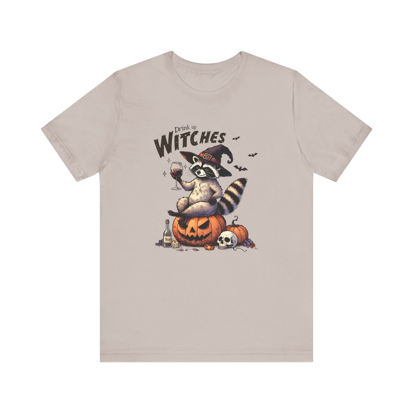 Drink Up Witches: Halloween Bella Canvas T-shirt with Raccoon
