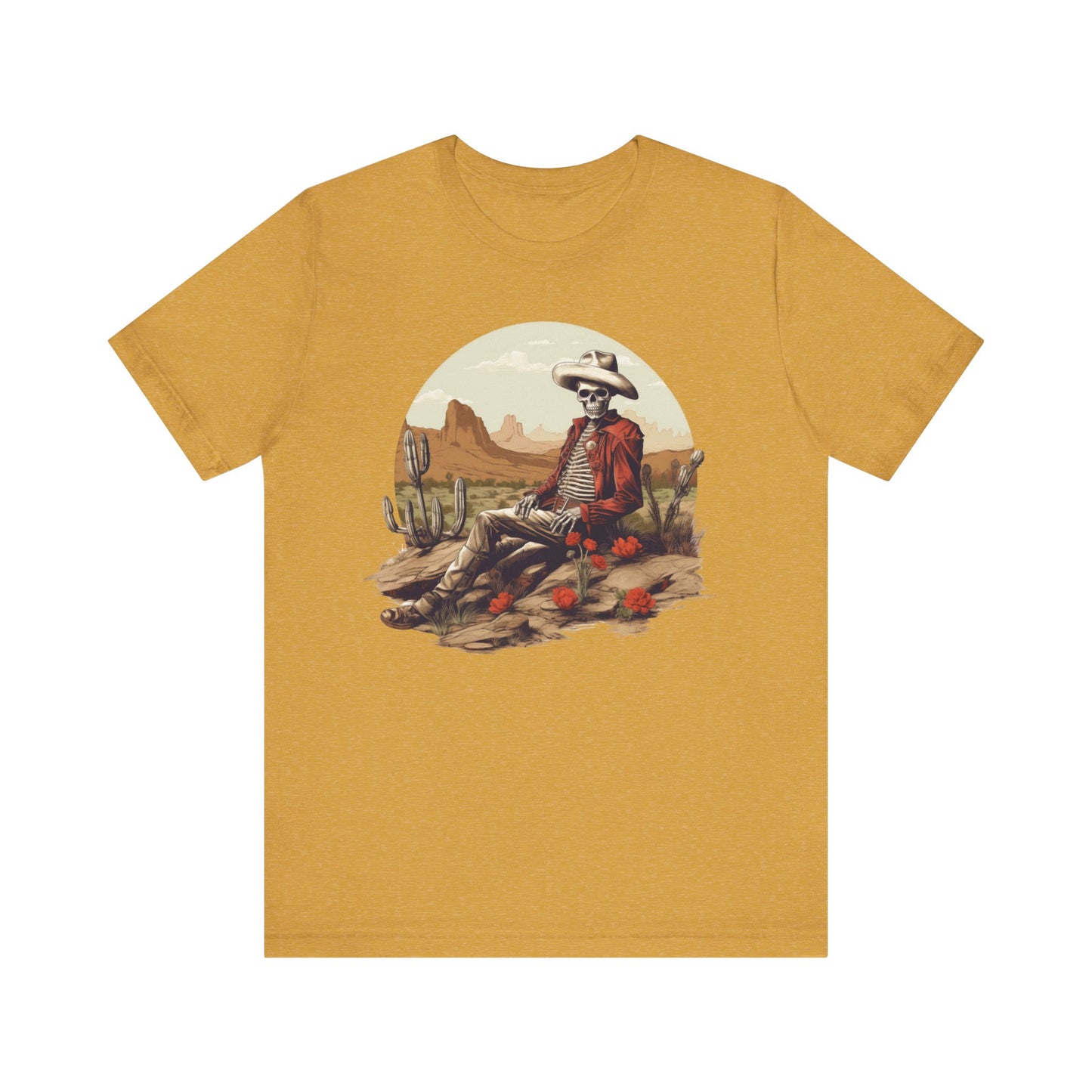 Skeleton Cowboy in Desert: Red Blazer Bella Canvas T-shirt