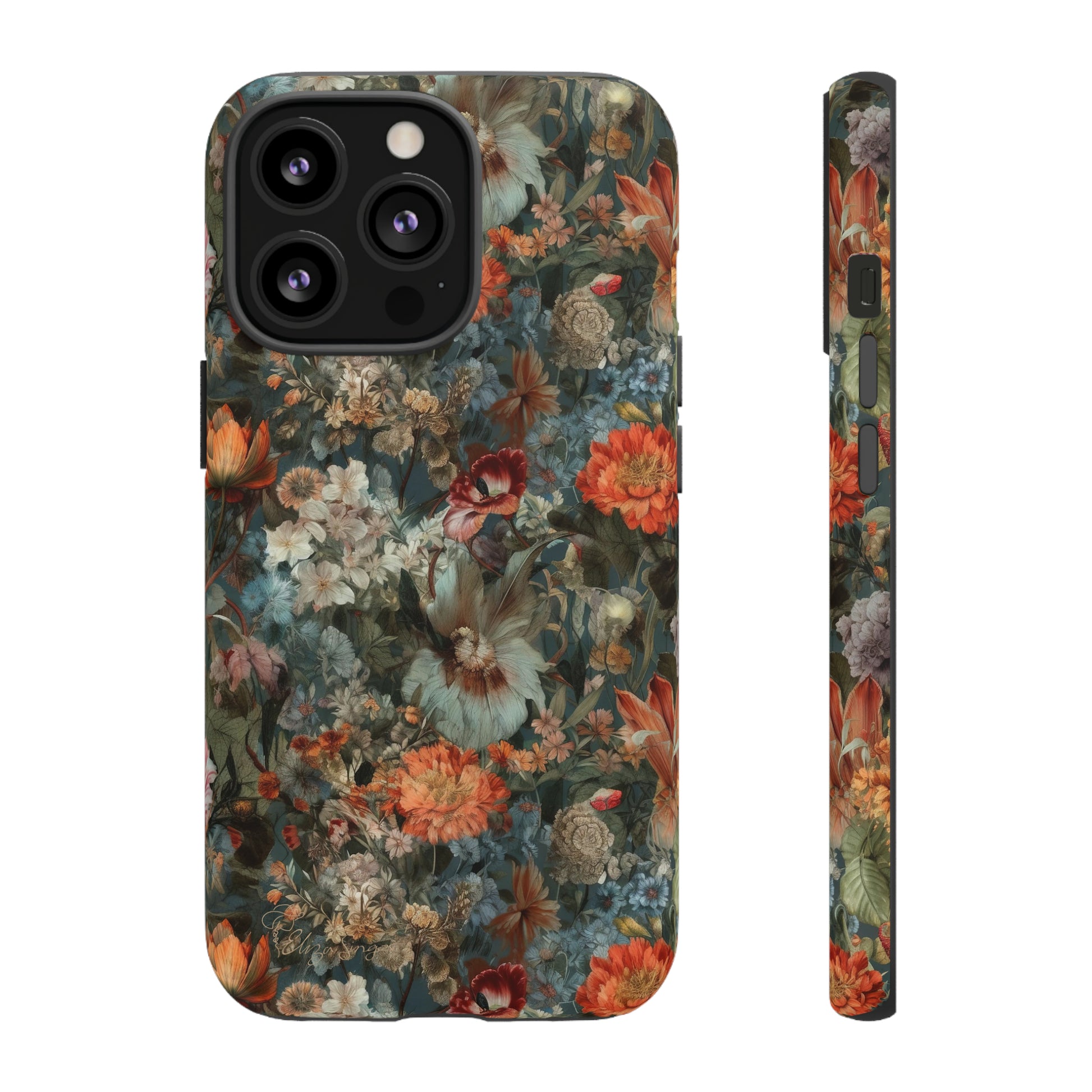 Blooms in Shadows: Botany Floral Dark Flowers iPhone Tough Protective Cover. A captivating blend of Flowers in muted colors, compatible with iPhone 15, 14, 13, XS, XR Pro/Max/Mini/P/Plus. Unleash Nature's Elegance with Durability and Style. #ElizaSinger #PhoneCase #FloralDesign